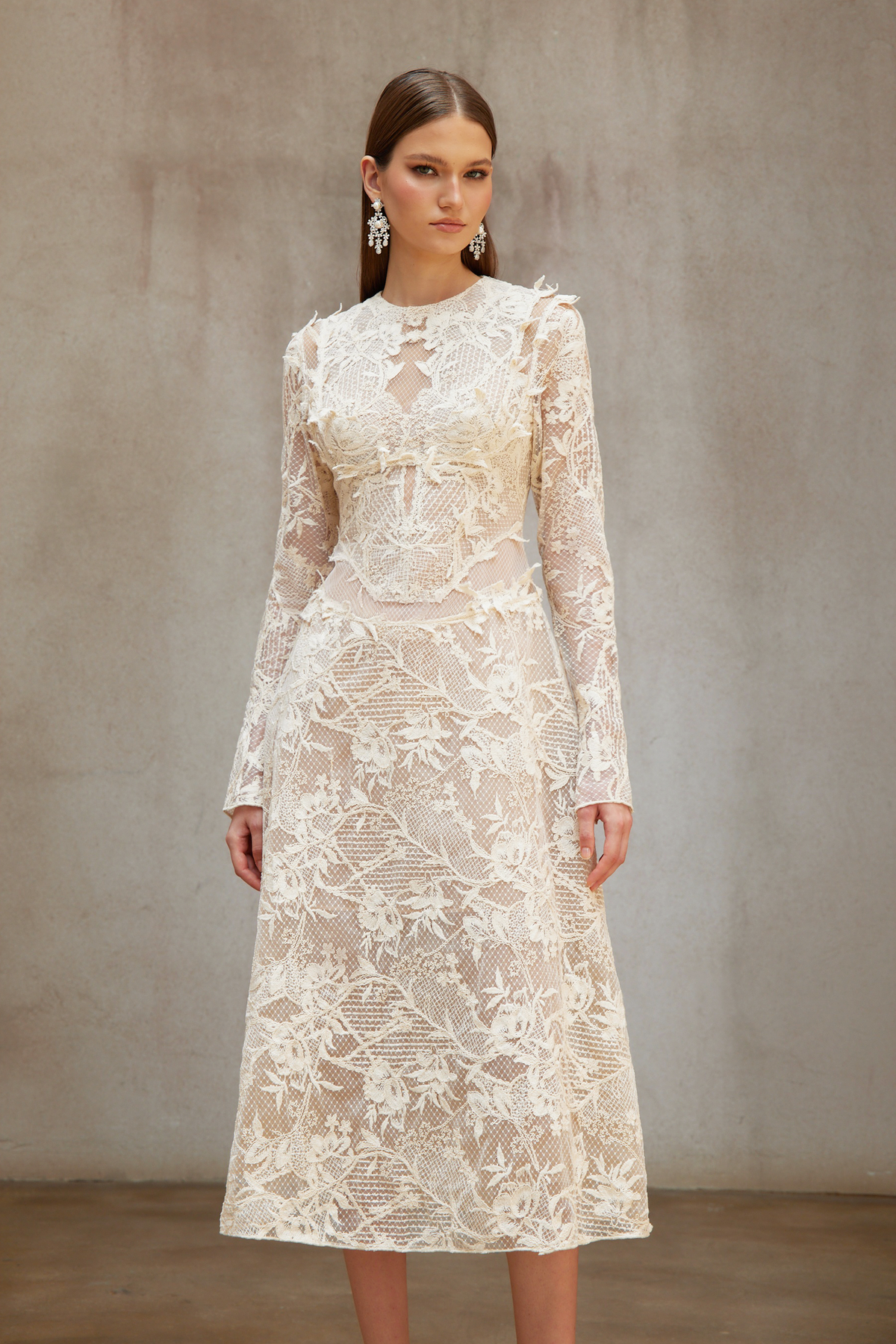 Amber White Long Sleeve Floral Lace Midi Dress