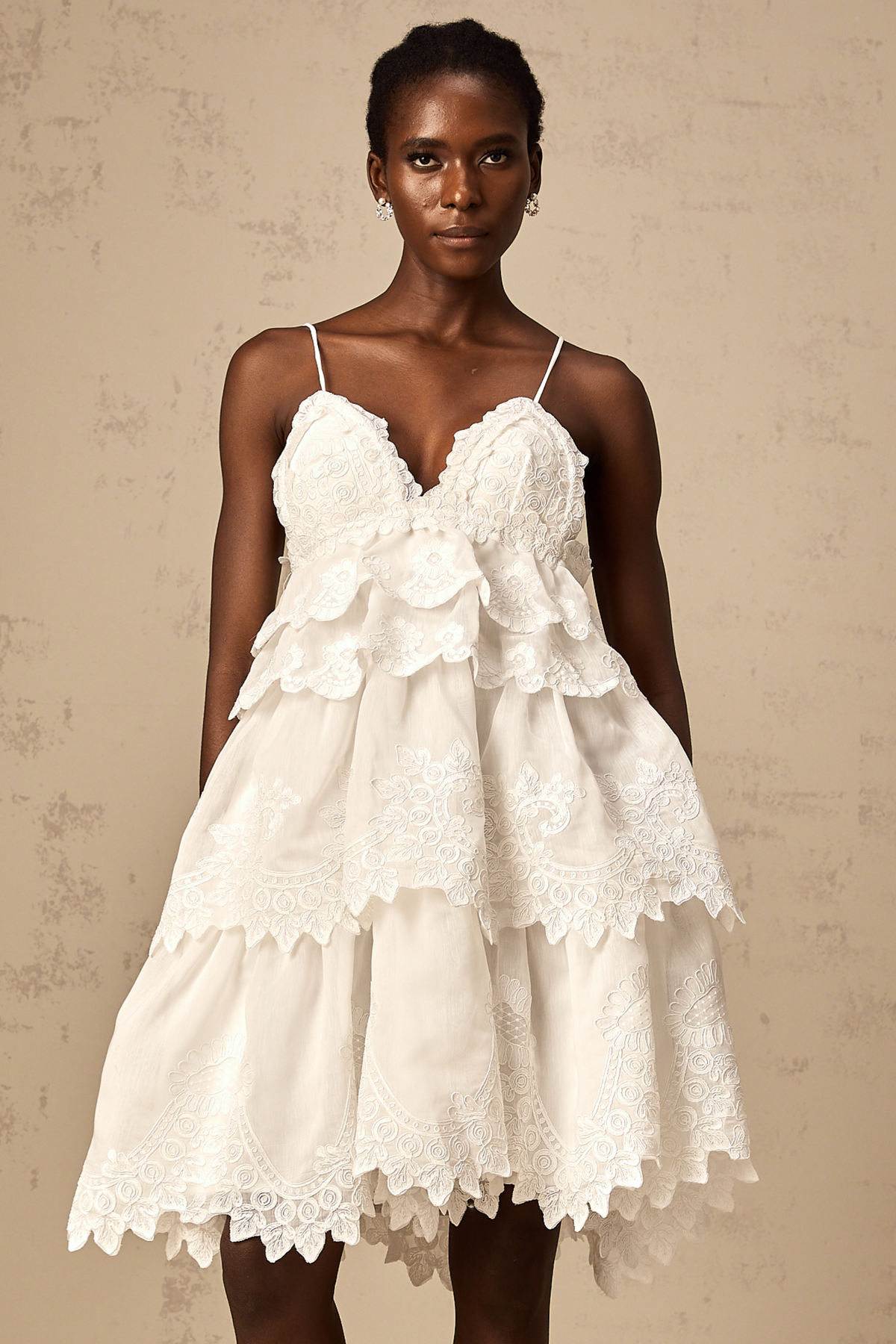 Valeria white guipure-lace tiered mini dress