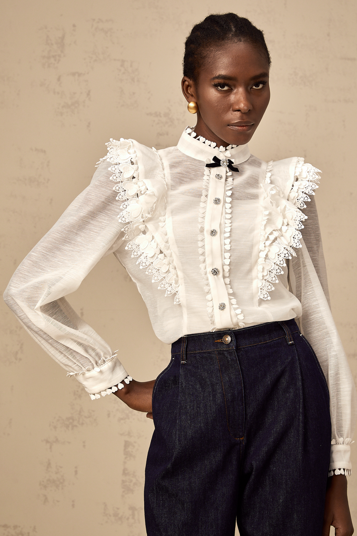 Capucine white lace-trim semi-sheer shirt