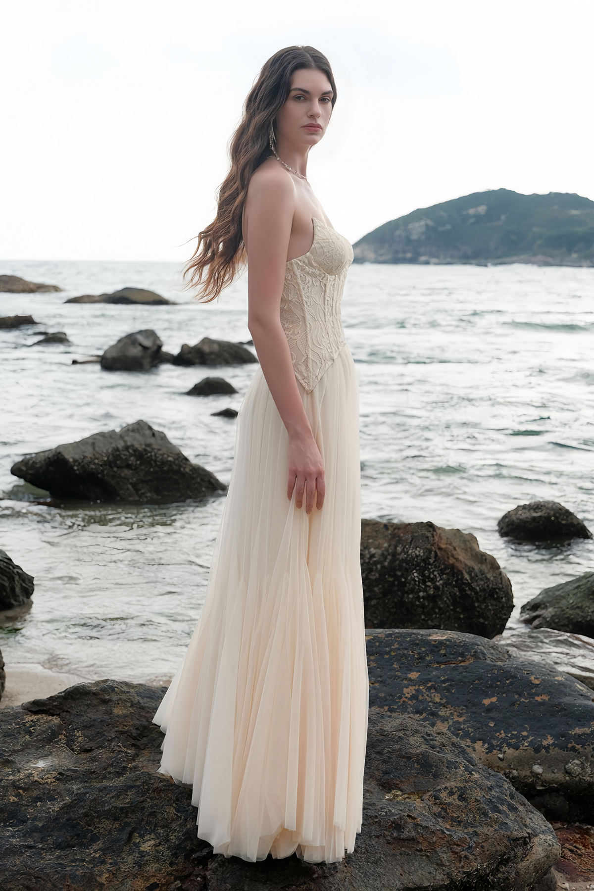 Ulrique Beige Lace Corset Tulle Maxi Dress