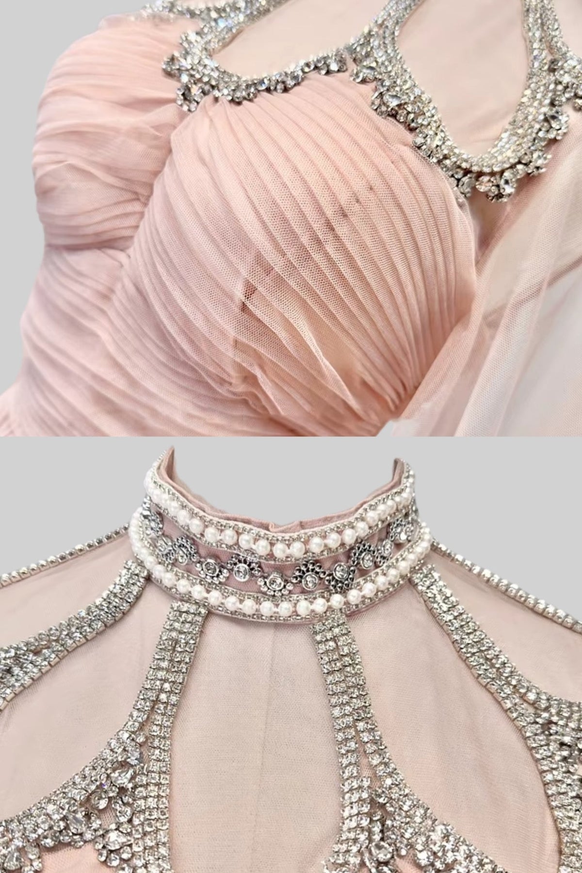 Elegant Dress With Long Sleeves, High Neckline And Ruched Bodice - Peach