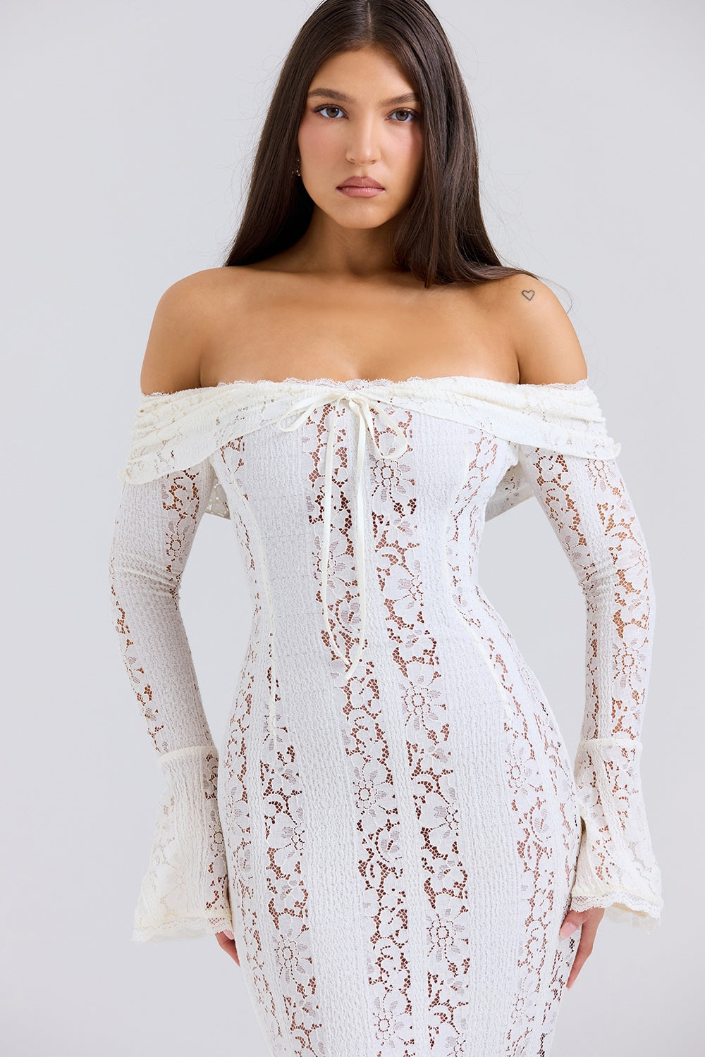 Belle Vintage Floral Lace Off Shoulder Maxi Dress - Cream white