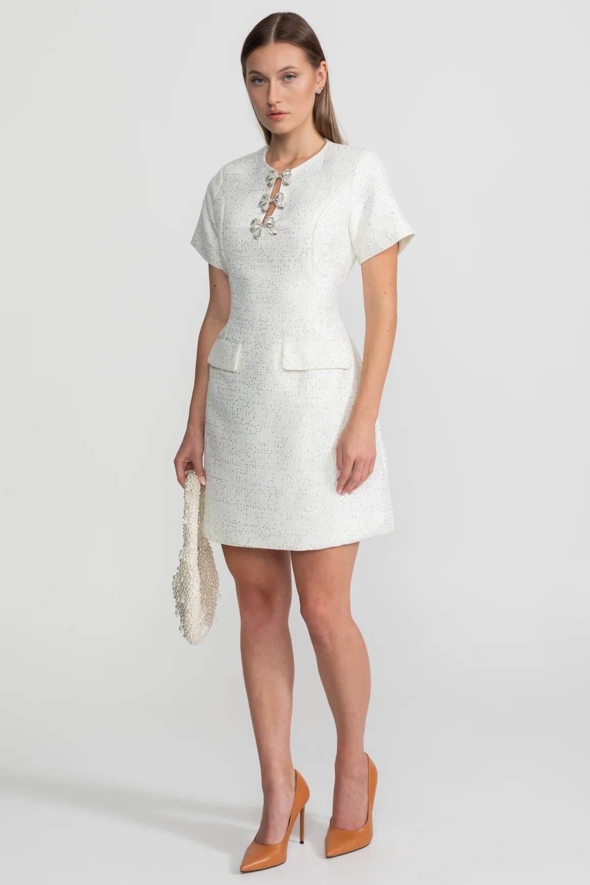 Sequin Mini Dress with Crystal Bow Accents - White
