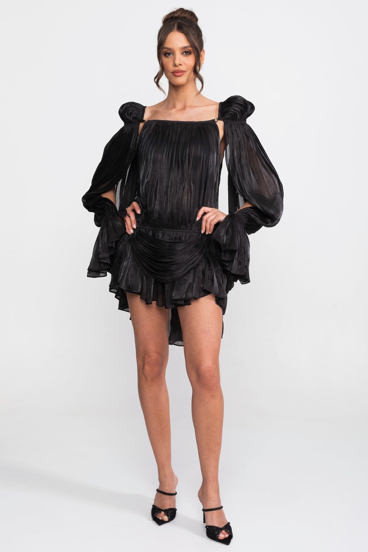 Sheer Draped Mini Dress With Cape Sleeves And Gold Clip Detail - Black