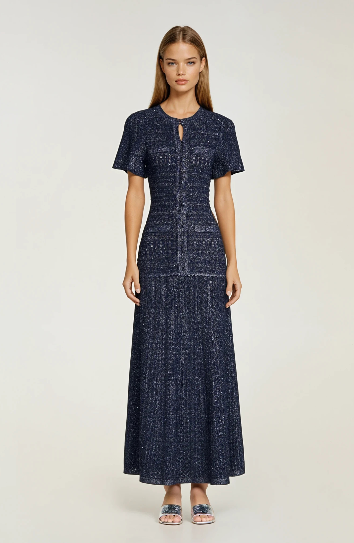 SANDRO STRASS RHINESTONE KNIT MAXI DRESS - DARK BLUE