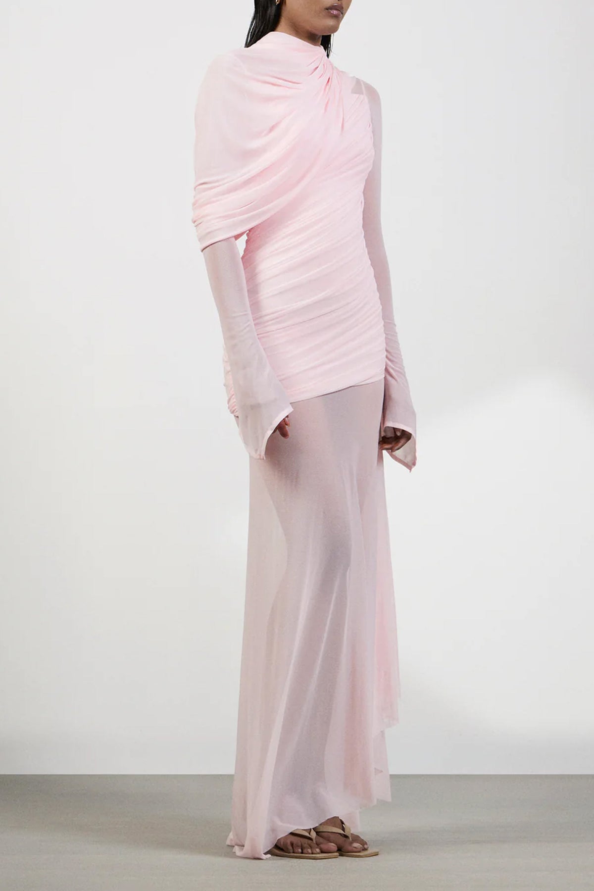 Garance Pink Asymmetrical Ruched Mesh Maxi Dress