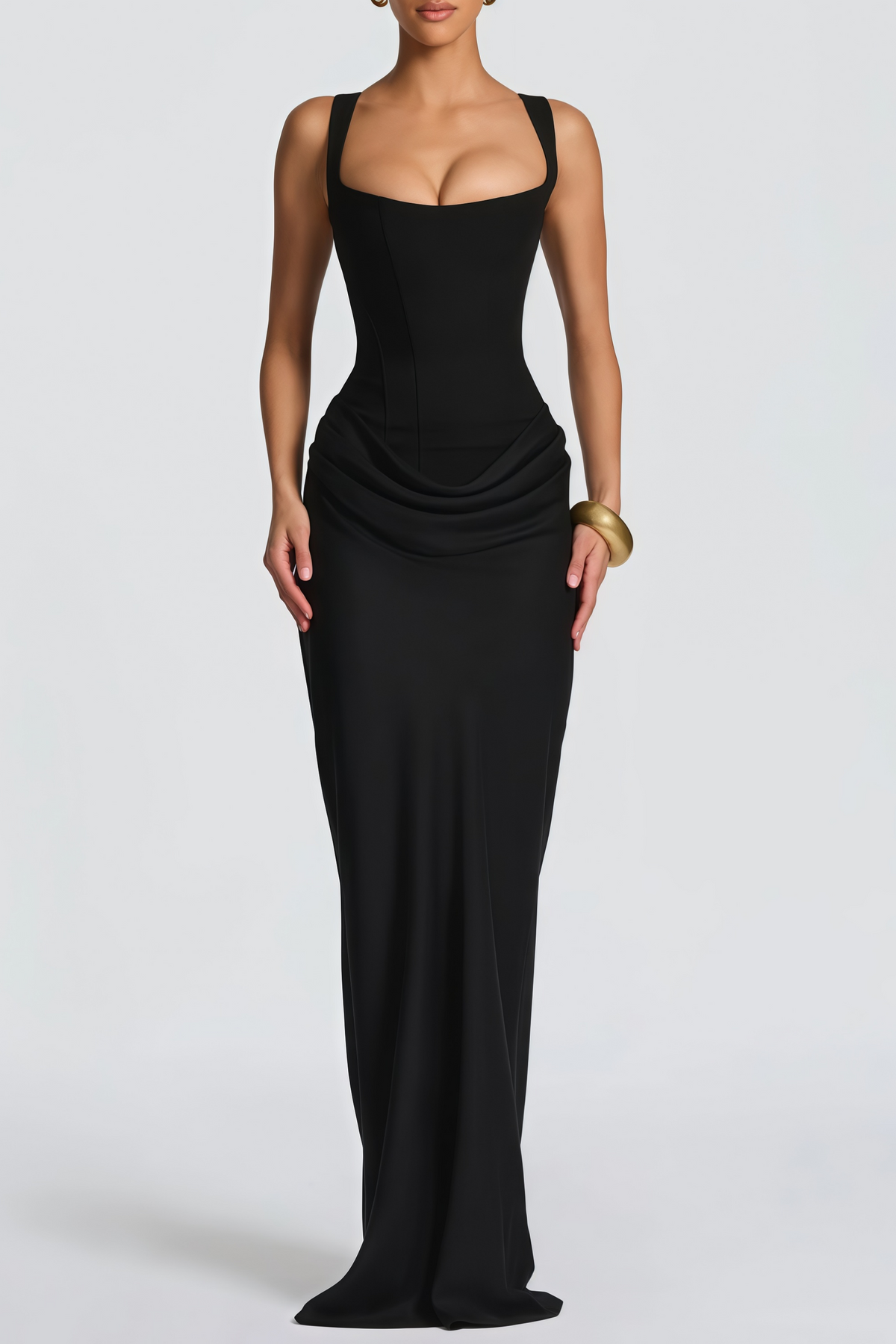 Paulette Black Ruched Corset Maxi Dress