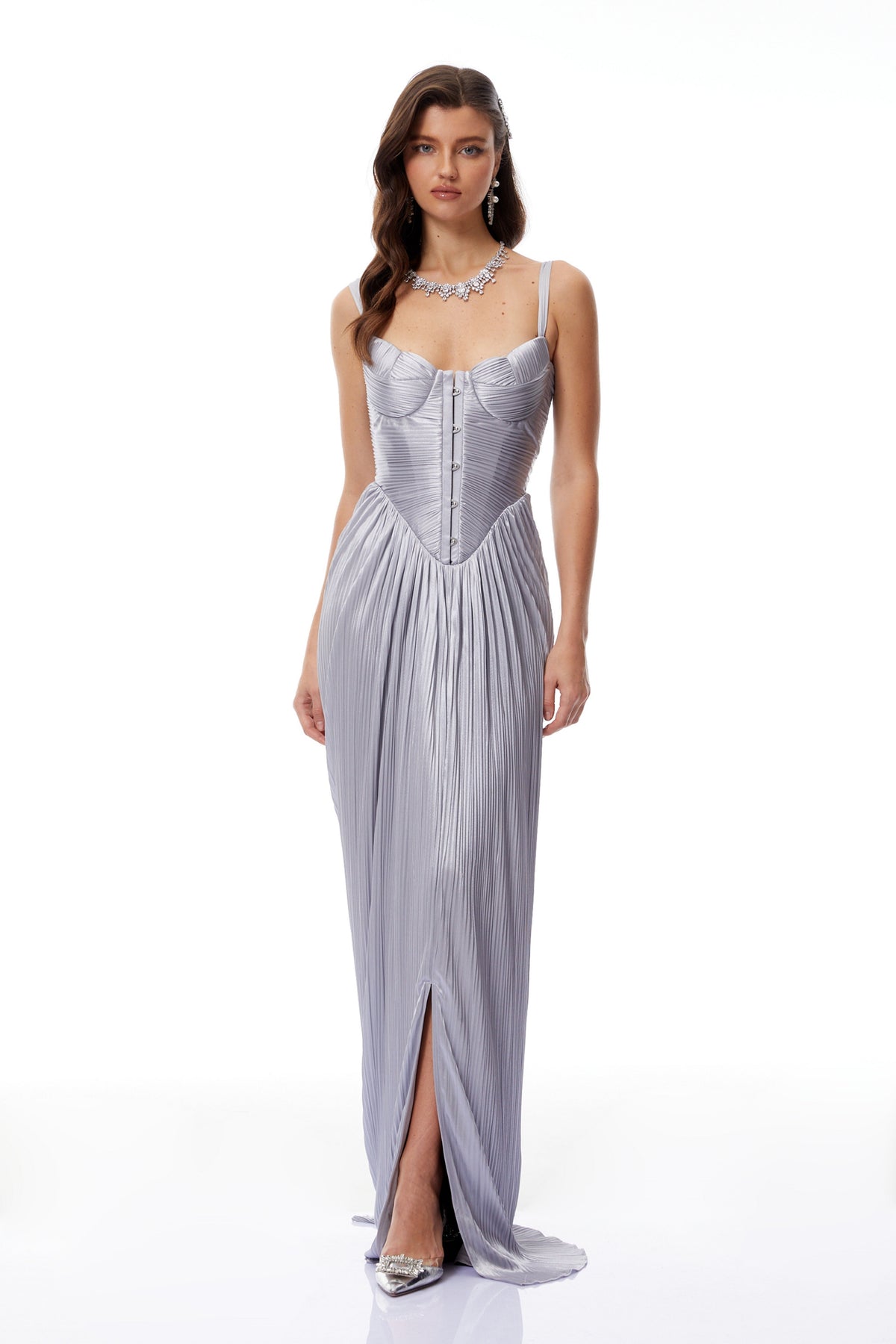 Nicoletta Silver Glossy Pleated Corset Maxi Dress
