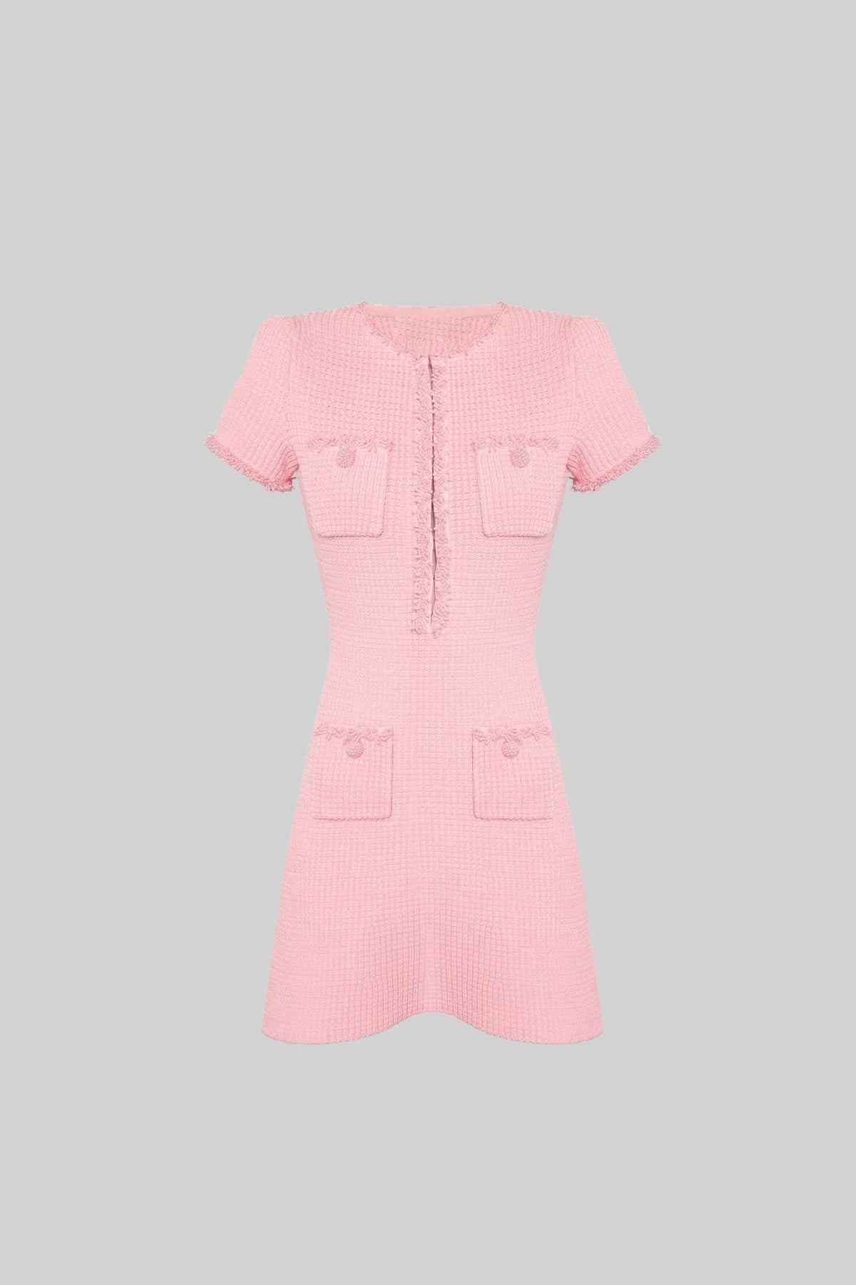 Tweed Mini Dress With Short Sleeves And Buttoned Front Closure - Pink