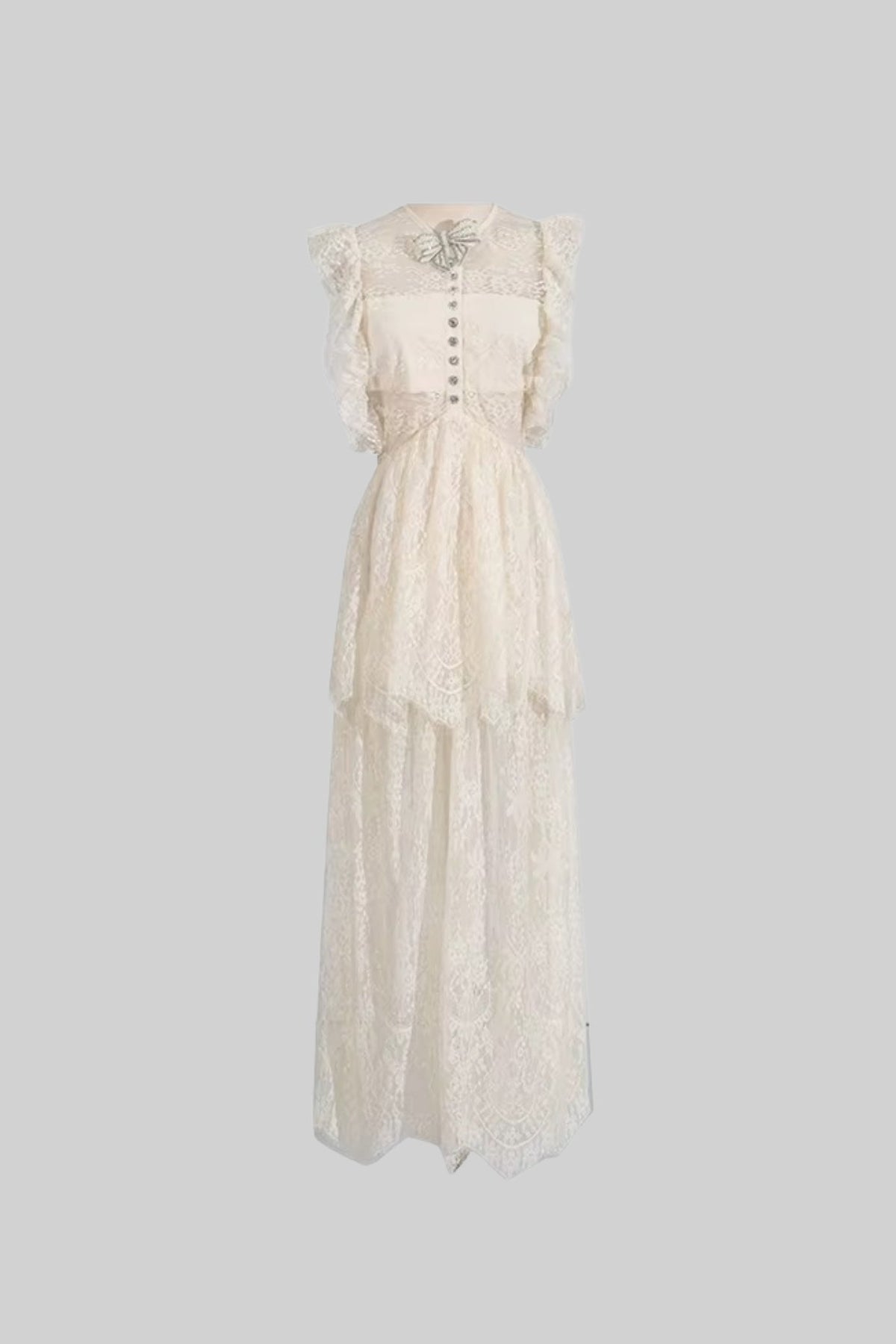 Elegant Vintage-Inspired Lace Dress With Ruffled Details And Layered Skirt  - Ivoire