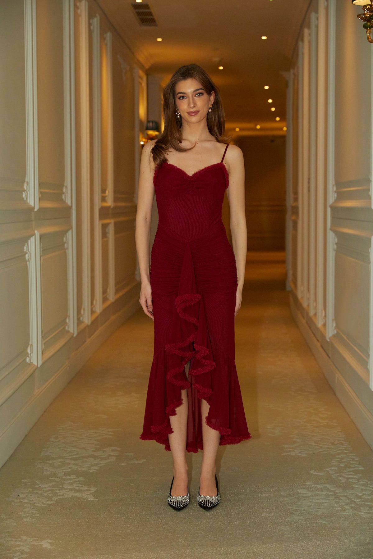 Viviane ruffle draped maxi dress in Red