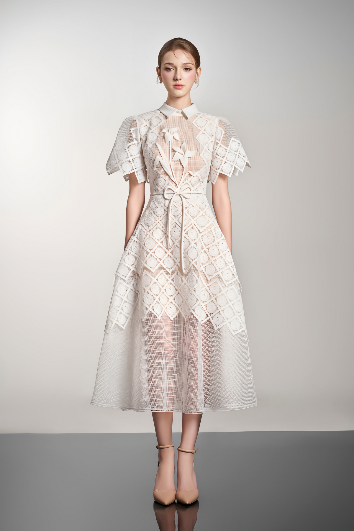 Yasmine White Floral-embroidered Midi Dress