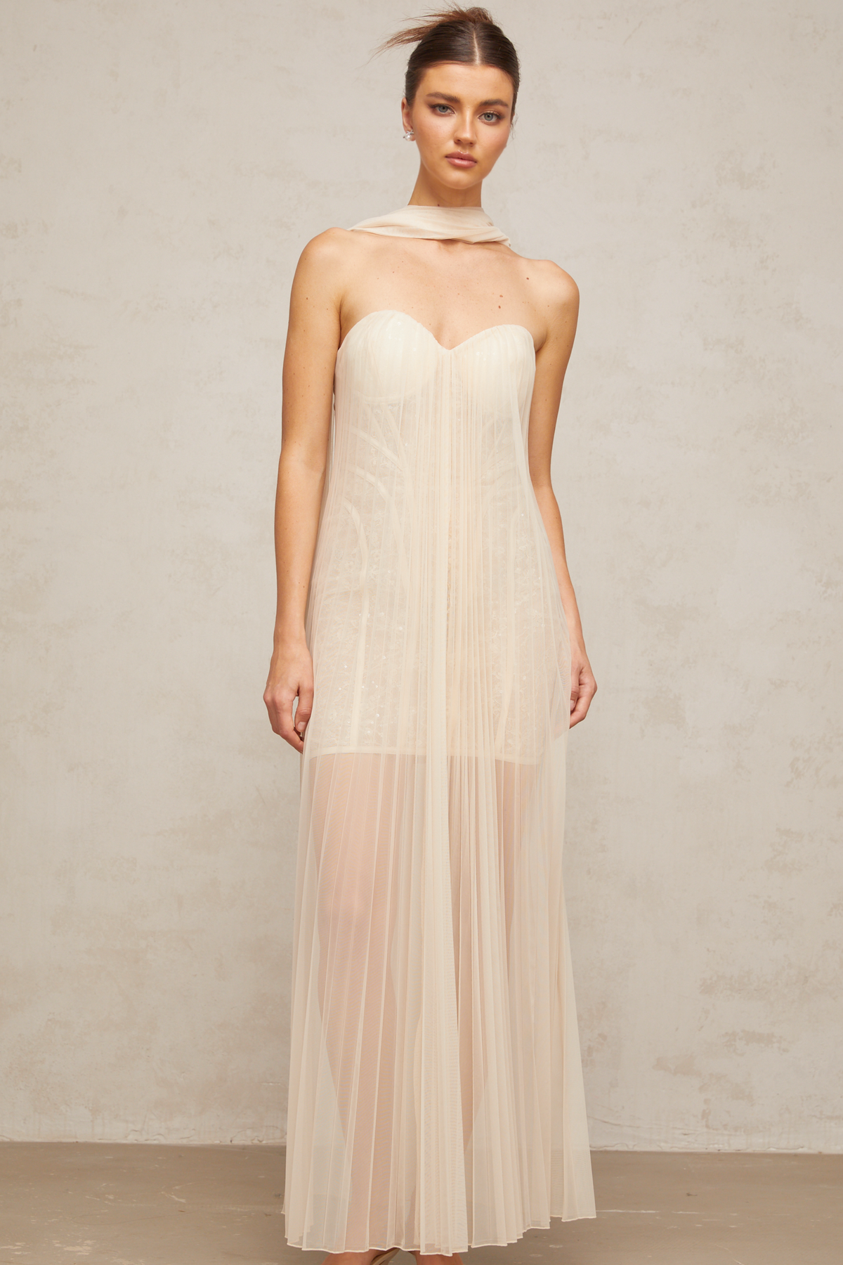 Monique ribbon-design pleated tulle maxi dress in Neutrals