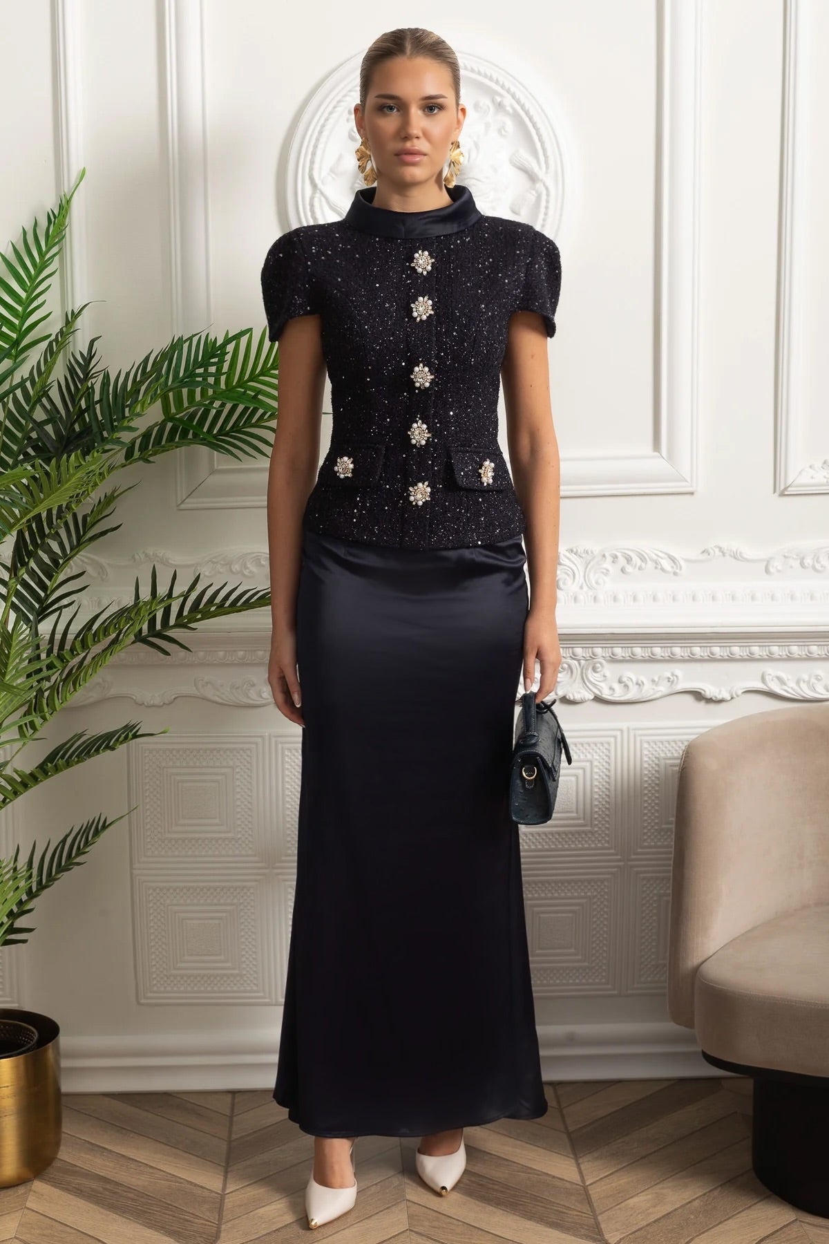 Co-Ord Set with Tweed Embellished Top and Satin Maxi Skirt - Navy