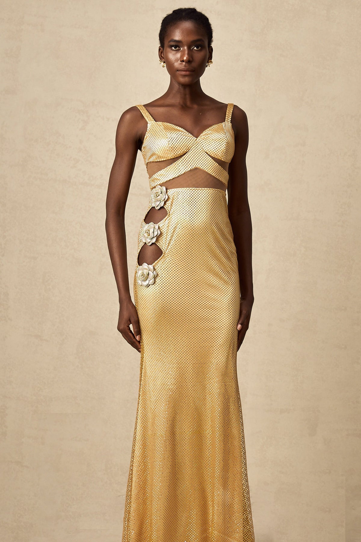 Giulia gold faux-flower cut-out maxi dress