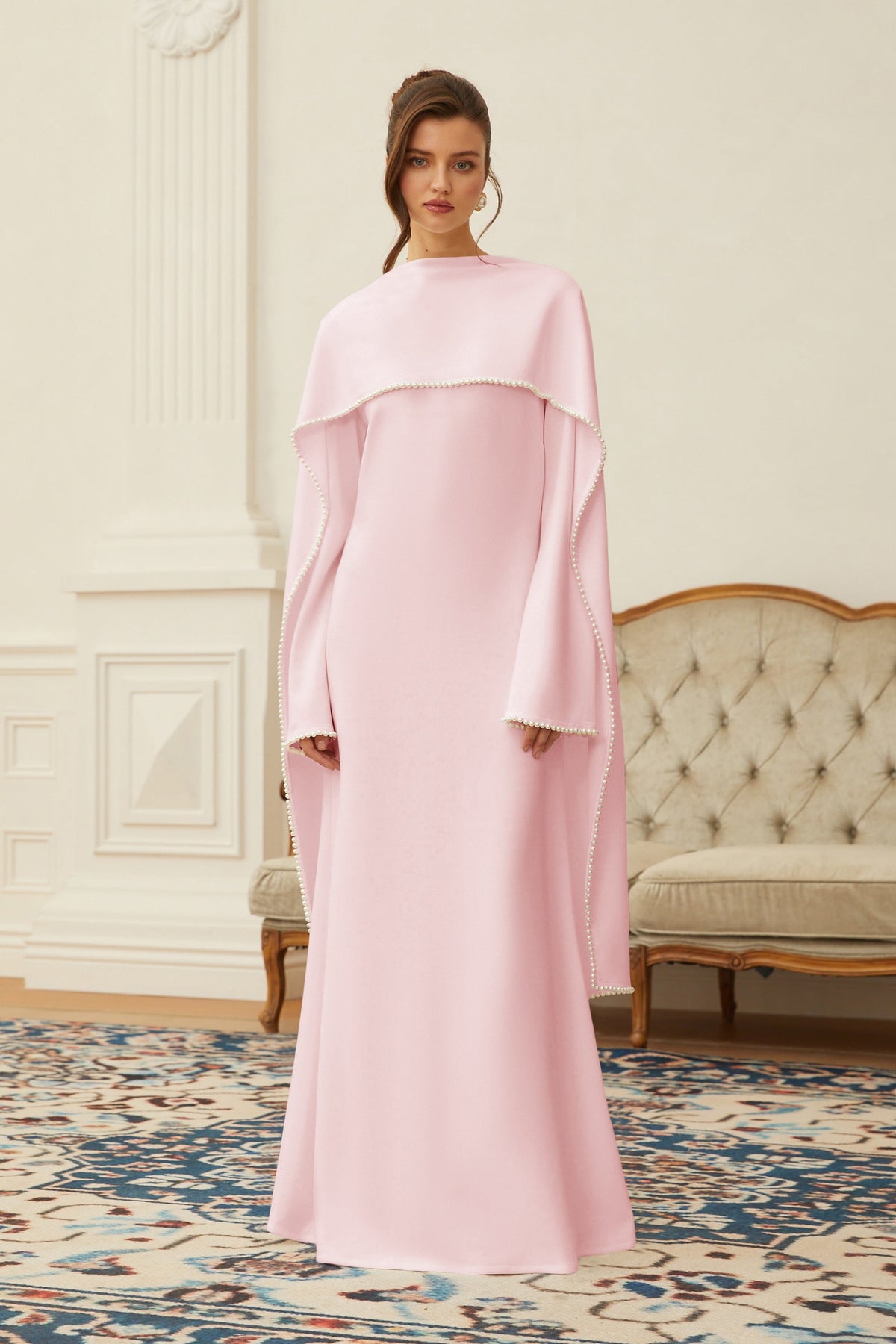 Piroska Pink Pearl Trim Shawl Detail Maxi Dress