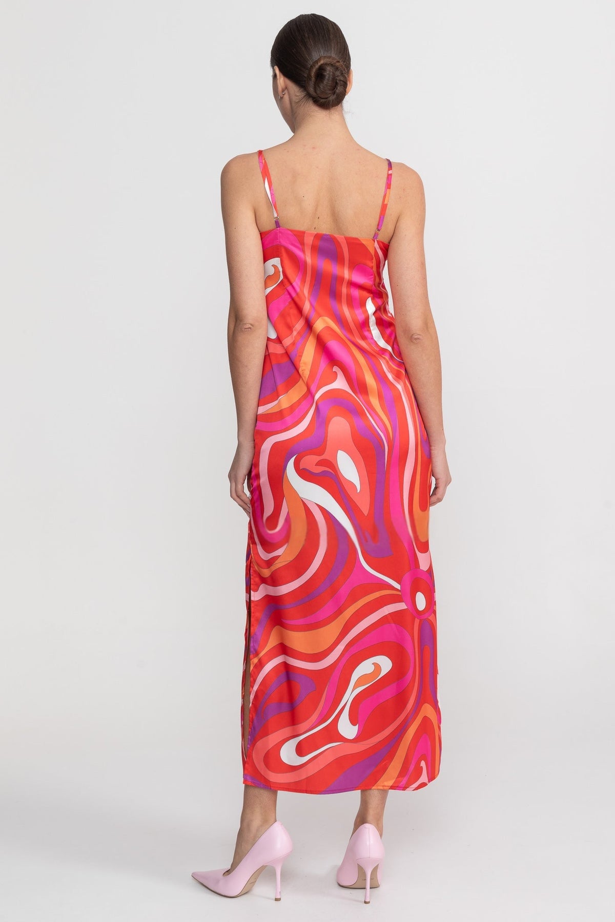 Printed Strappy Midi Dress With Abstract Swirl Pattern - Red