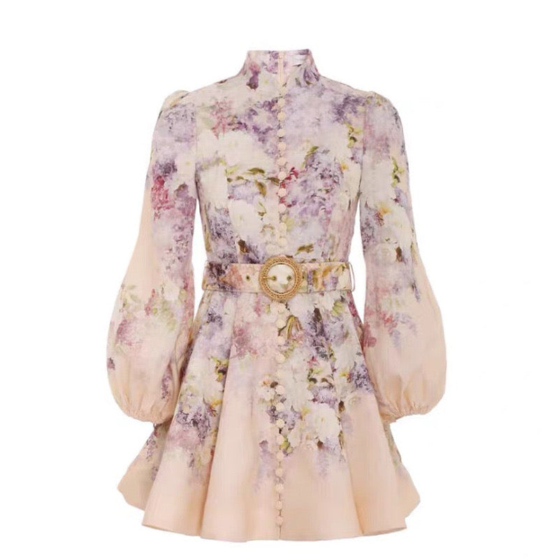 MADDY  FLORAL COTTON LINEN  FLORAL MINI DRESS - Pink