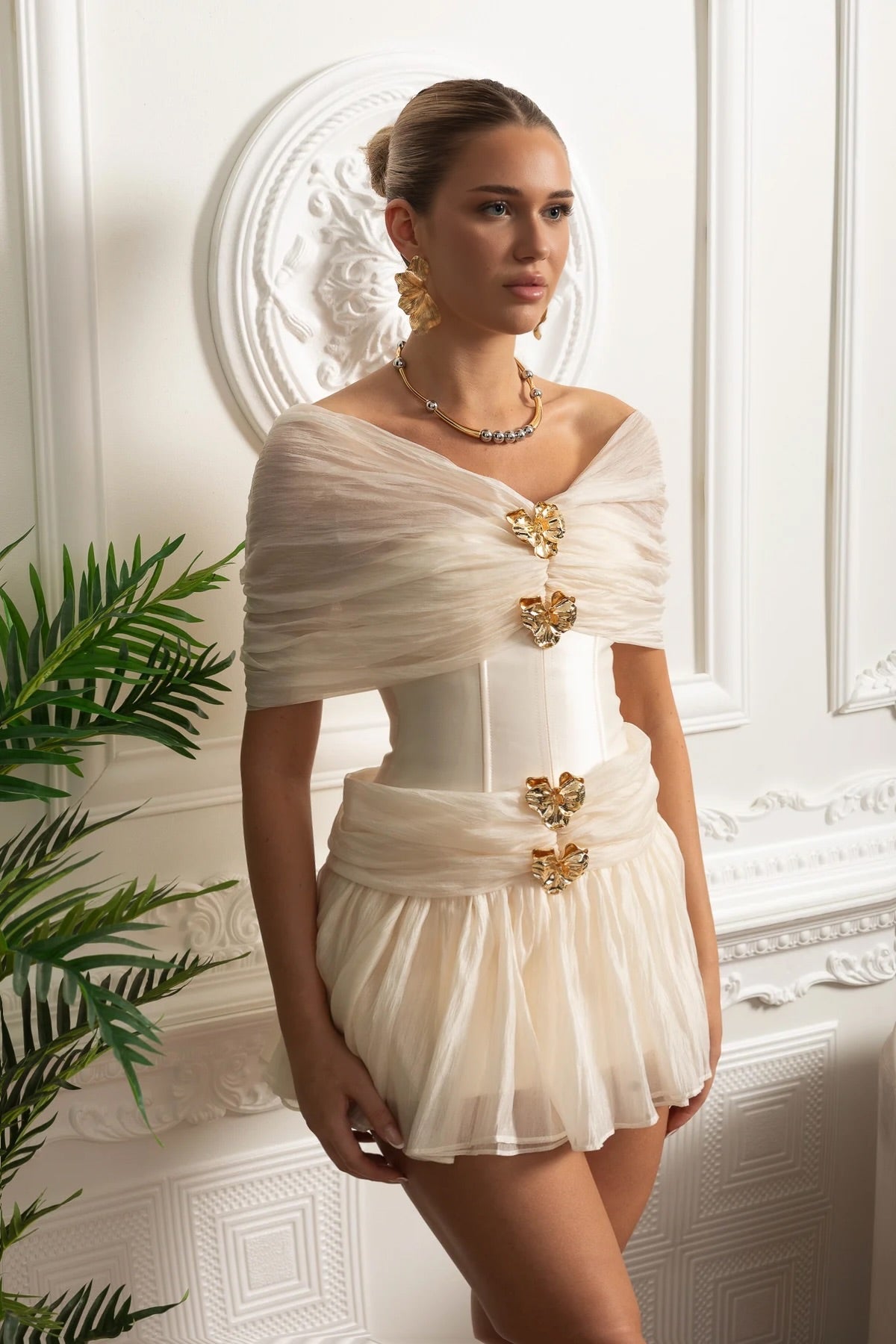 Off-Shoulder Corset Mini Dress with Gold Embellishments - Ivoire