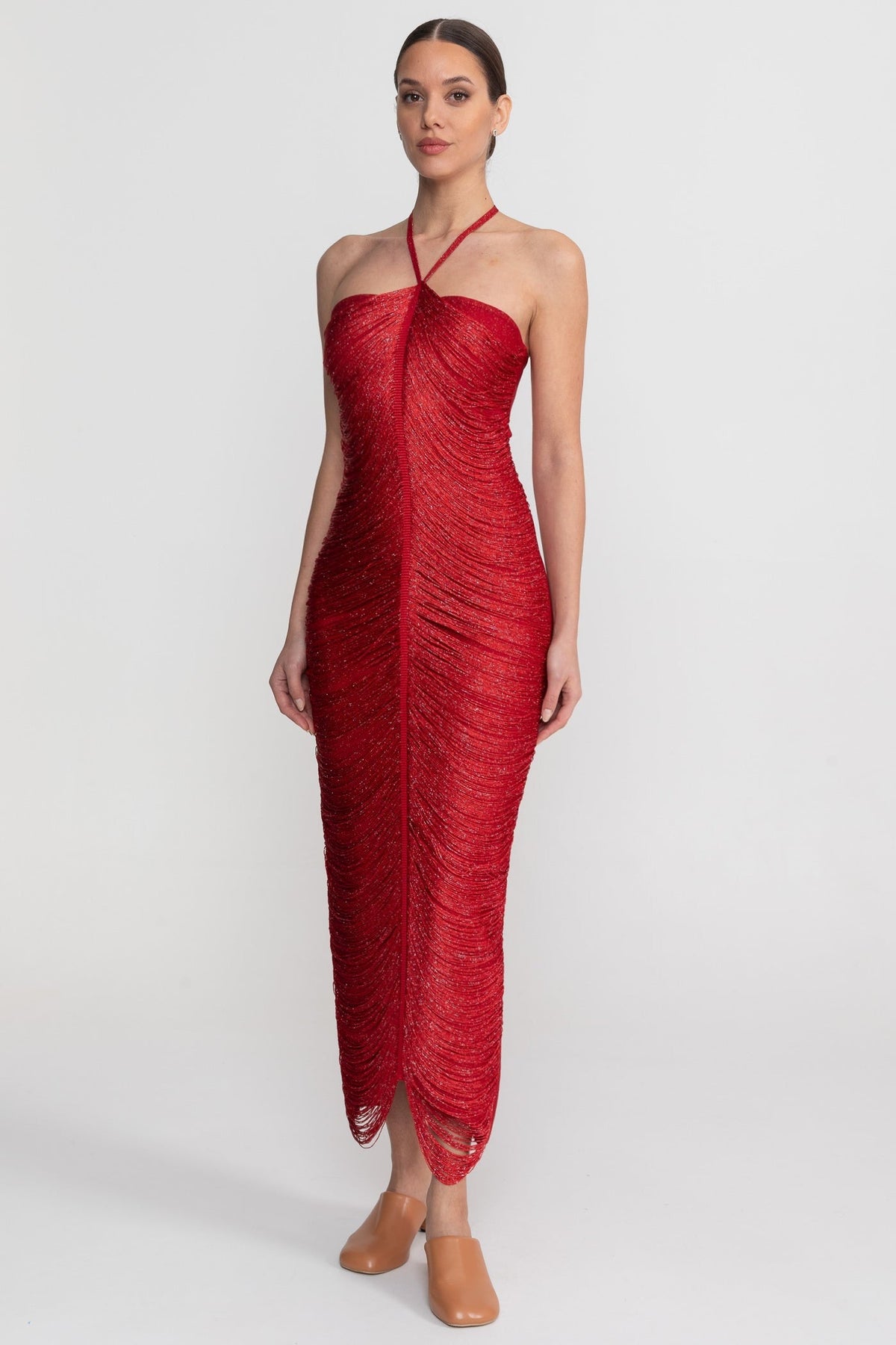 Halter Neck Midi Dress With All-Over Pleated Texture - Red
