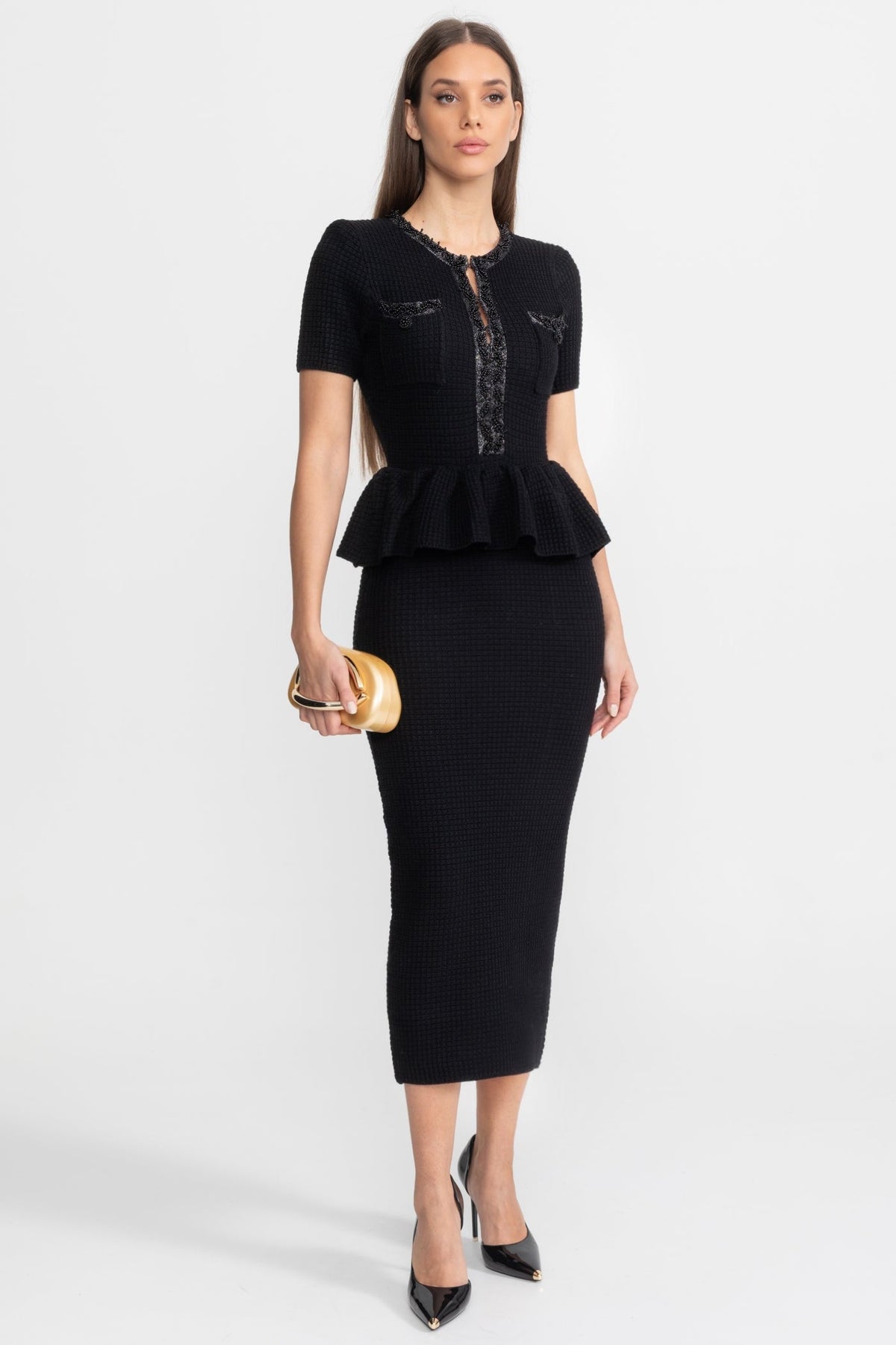 Textured Knit Midi Dress with Peplum Waist Detail – Black