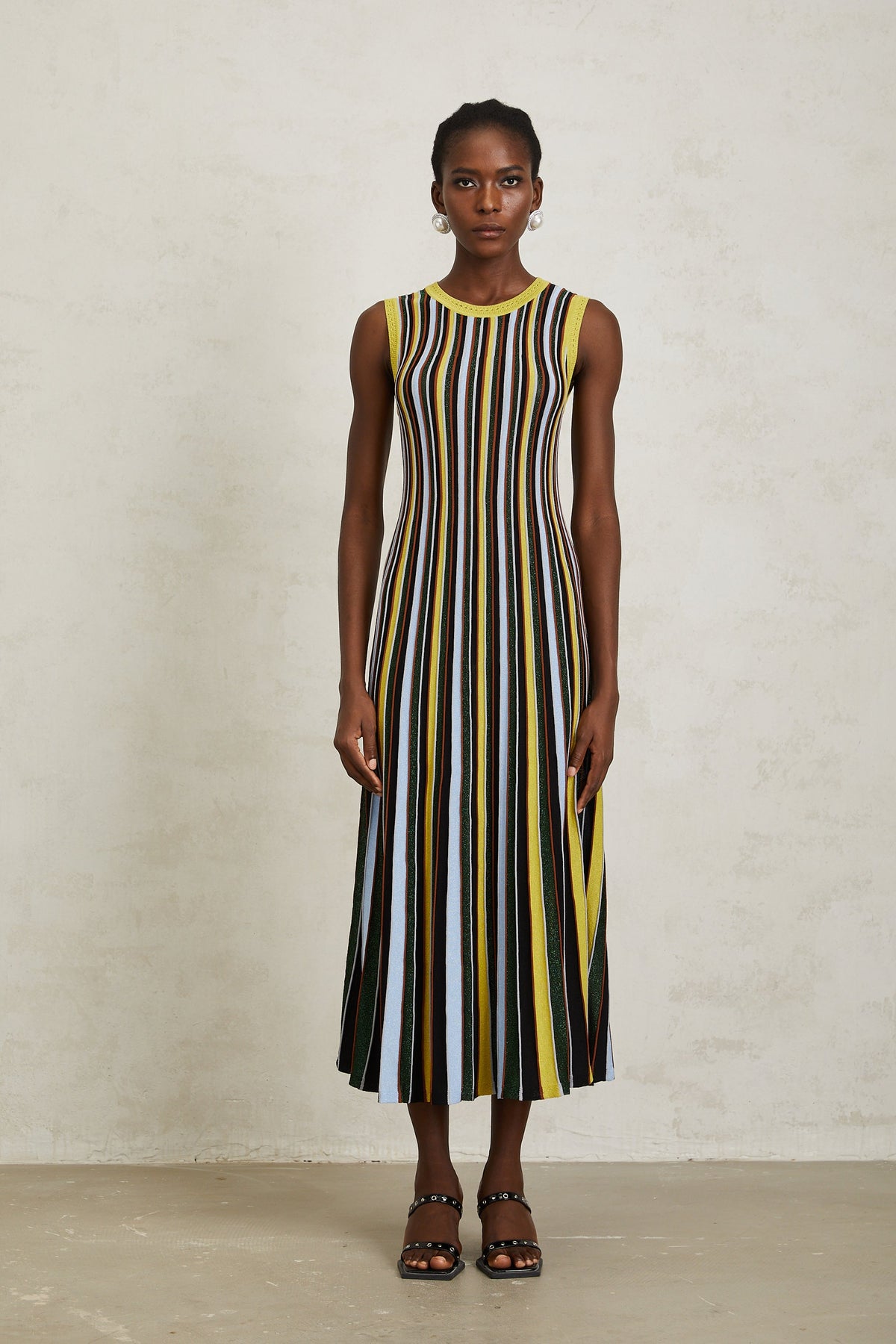 Clémence Yellow Vertical Striped Knit Midi Dress
