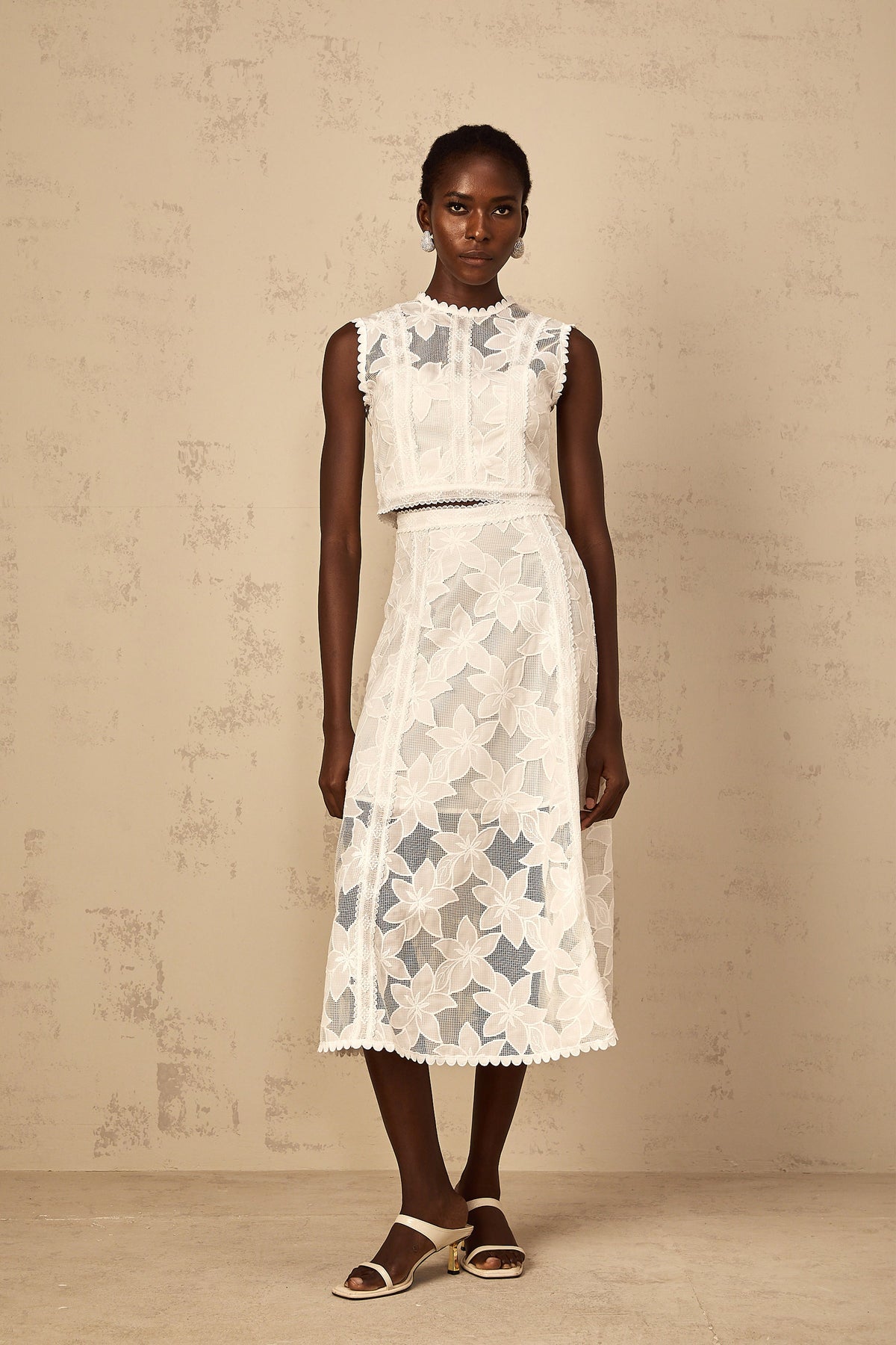 Mailys Floral Embroidered Top & Skirt Set in White