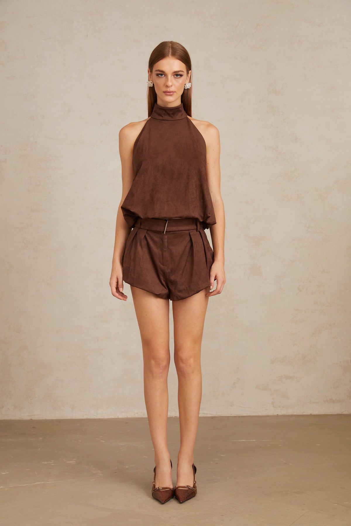 Chaney Brown Suede Bubble Hem Top & Shorts Set