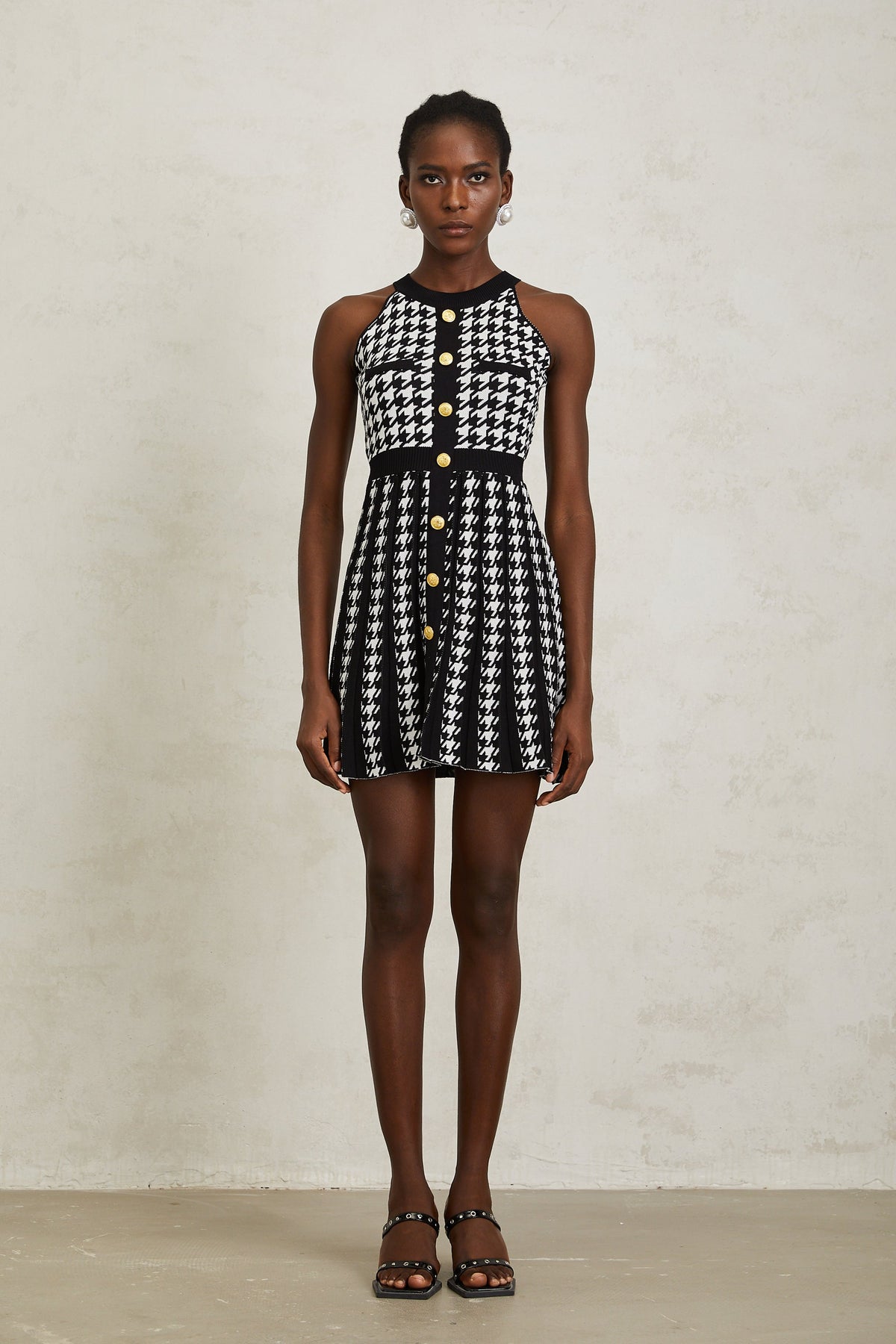 Jacqueline Black Houndstooth Crochet Knit Mini Dress (Final Sale-US Only)