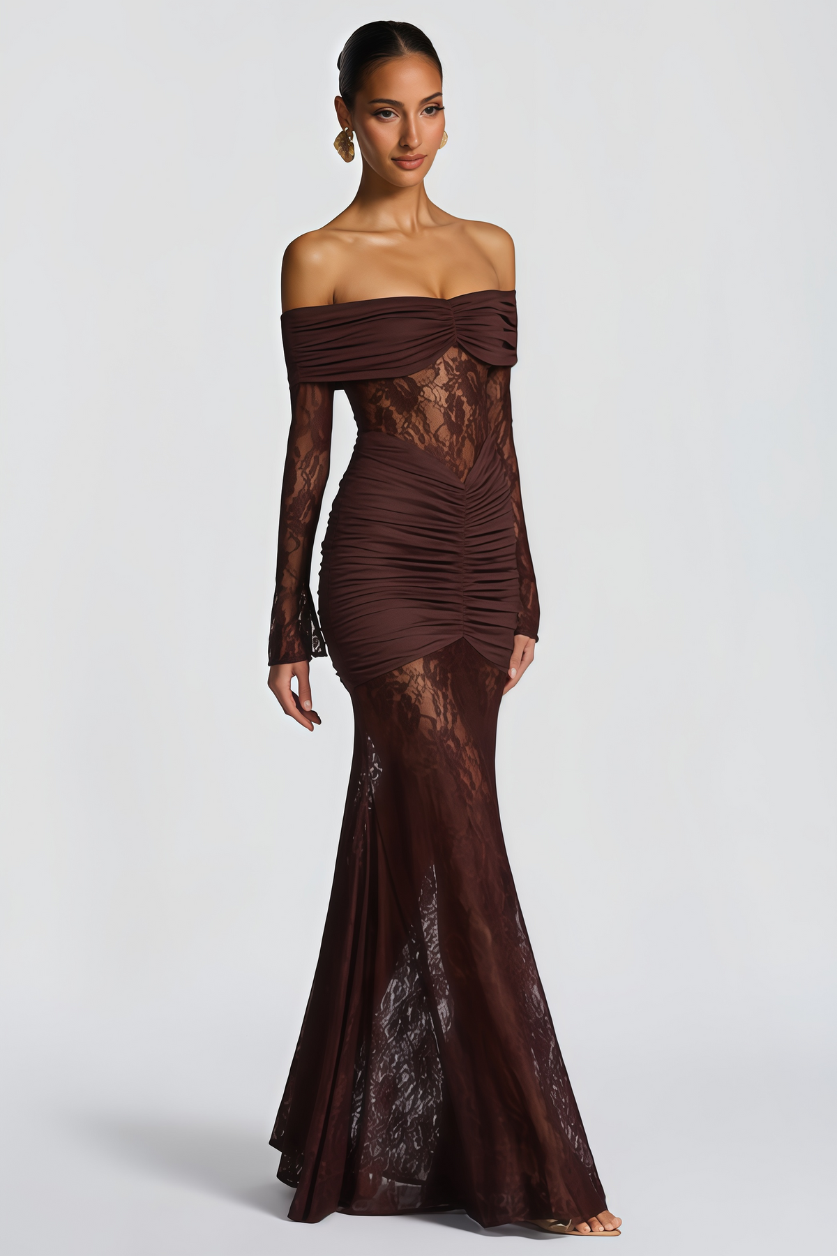 Brigitte Brown Lace Panel Ruched Maxi Dress