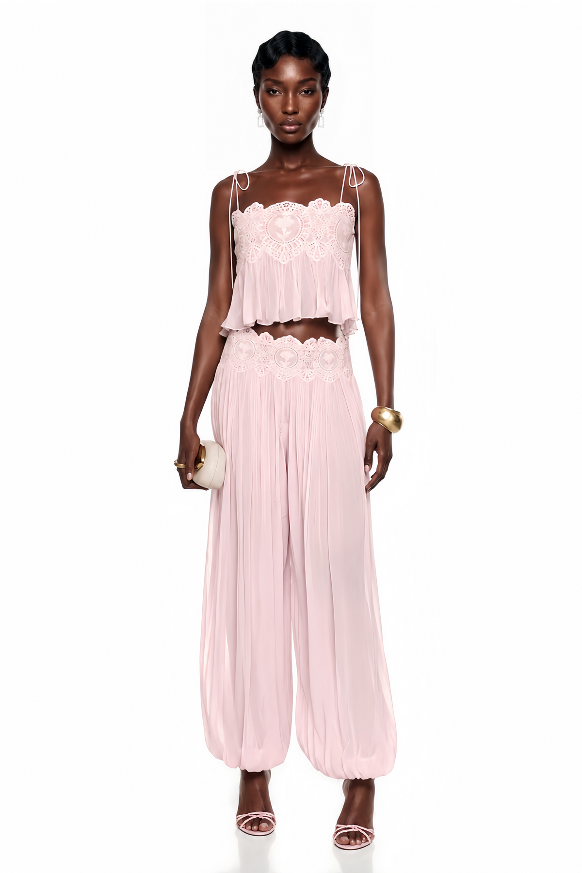 Kamila Pink Lace Trim Ruched Top & Trouser Set