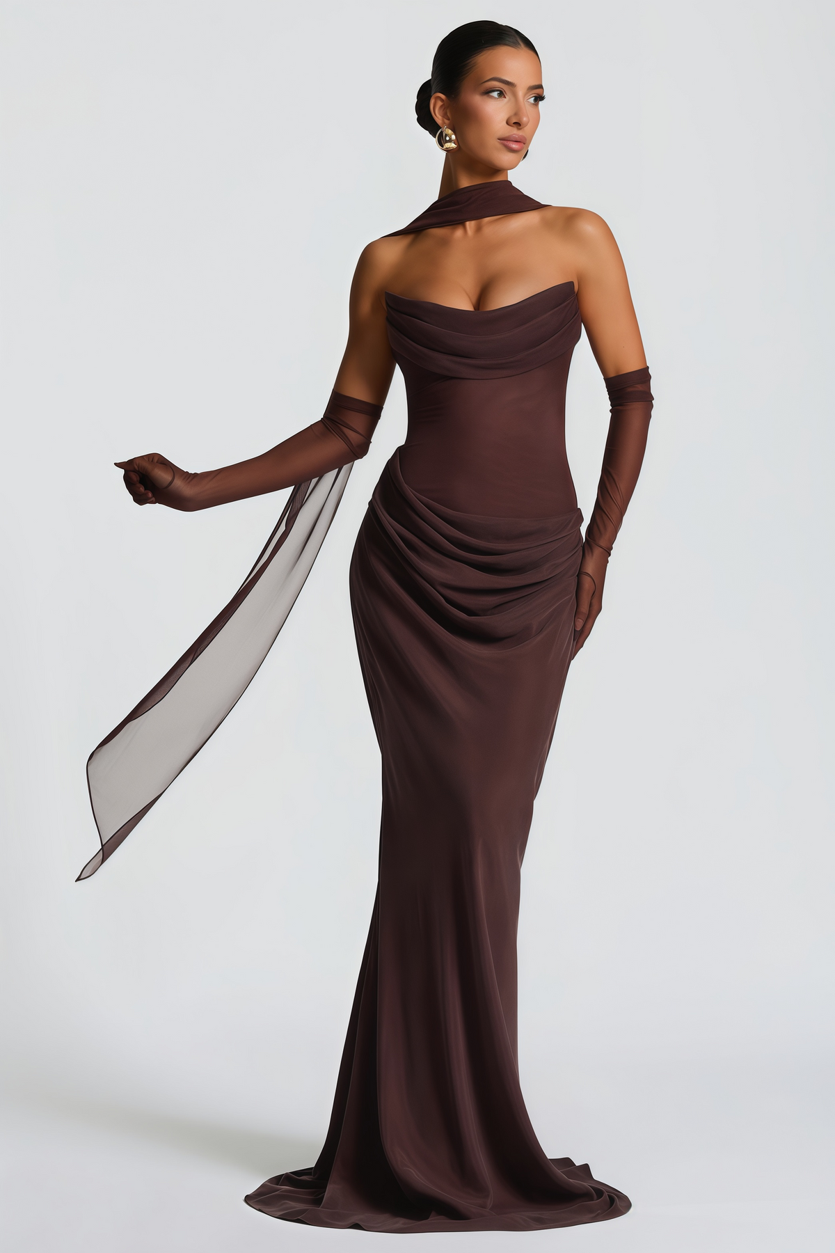 Vedette Brown Ruched Corset Maxi Dress