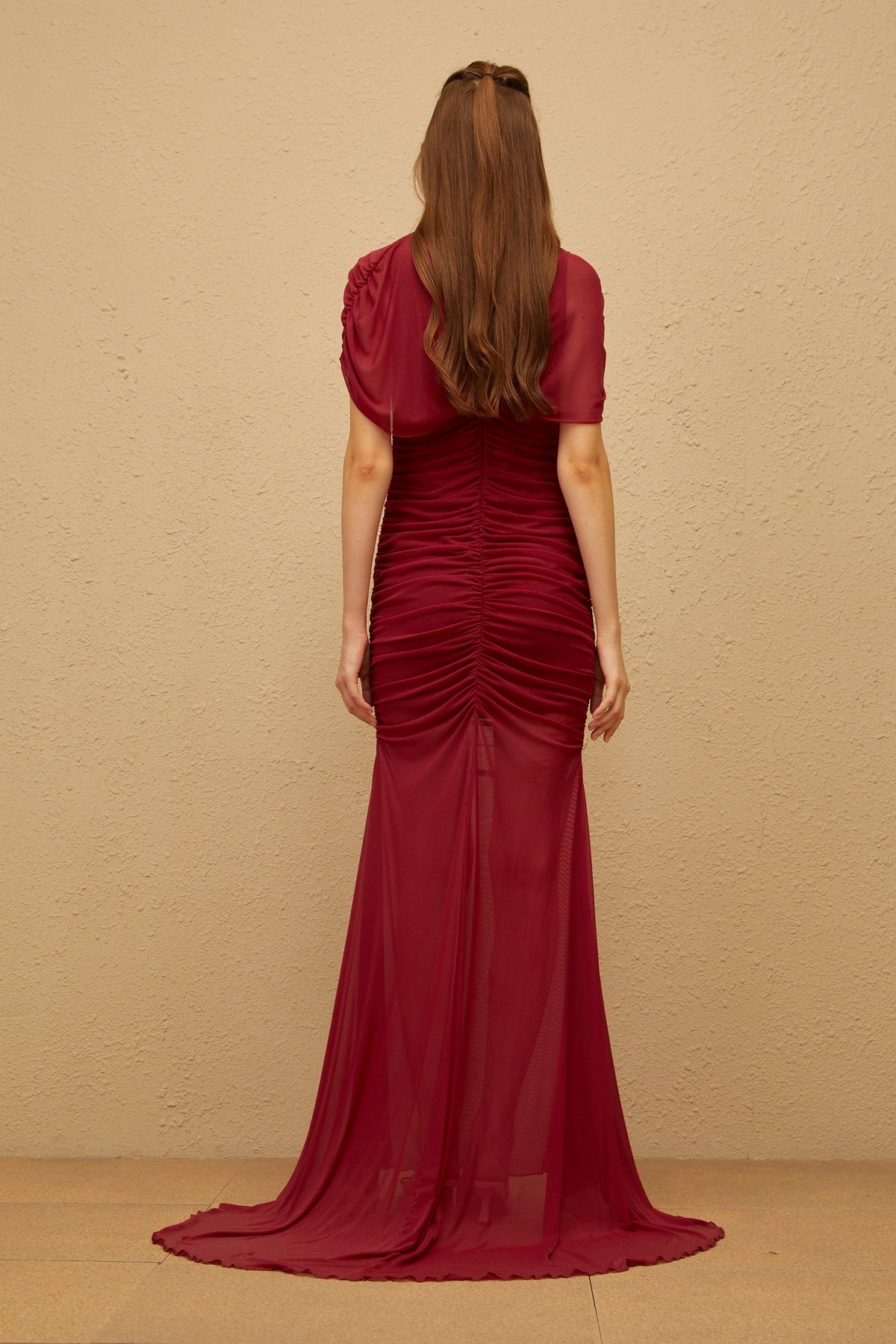 Sylphe Red Asymmetrical Ruched Mesh Maxi Dress (Final Sale-US Only)