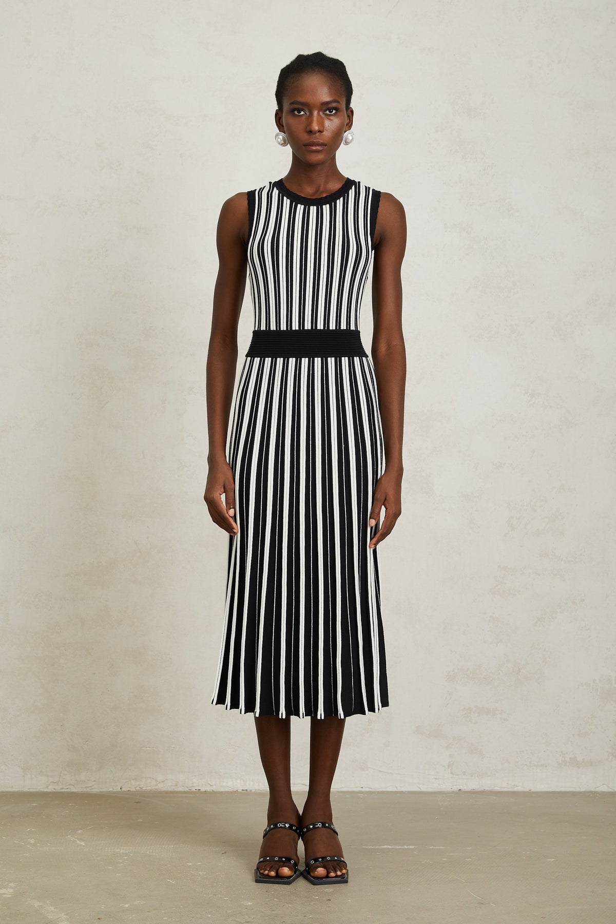Capucine Black Vertical Striped Knit Midi Dress