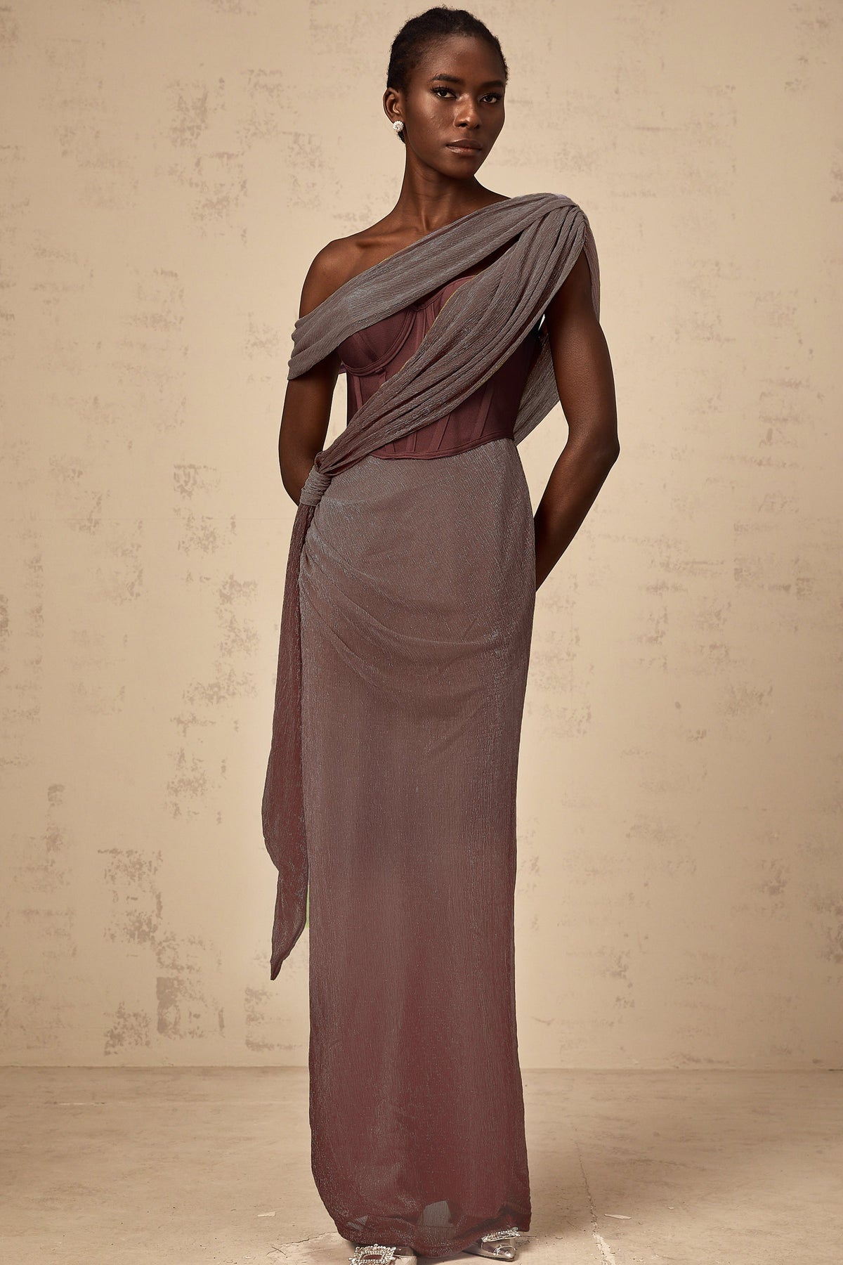Delphine ribbon-design corset maxi dress in Brown
