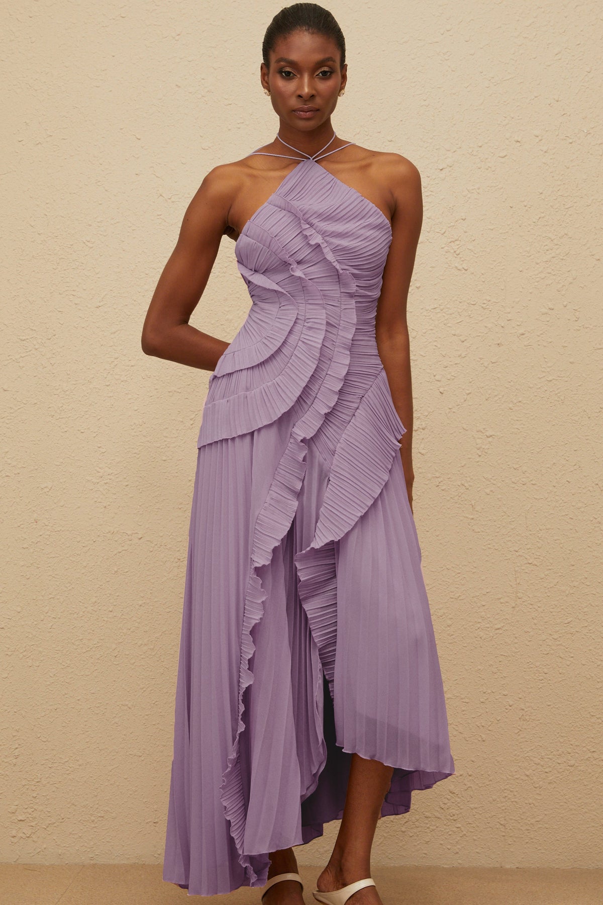 Doux Purple Ruffled Trim Pleated Midi Dress