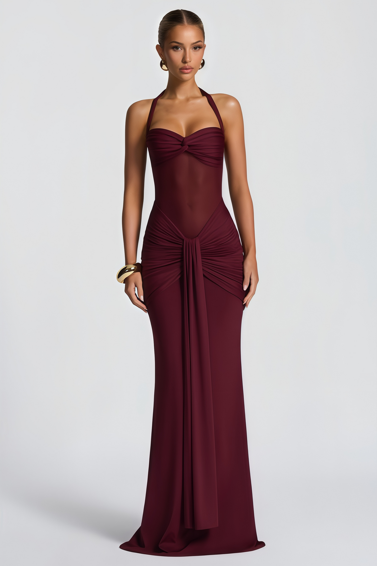 Amandine Burgundy Halterneck Gathered Maxi Dress (Final Sale)