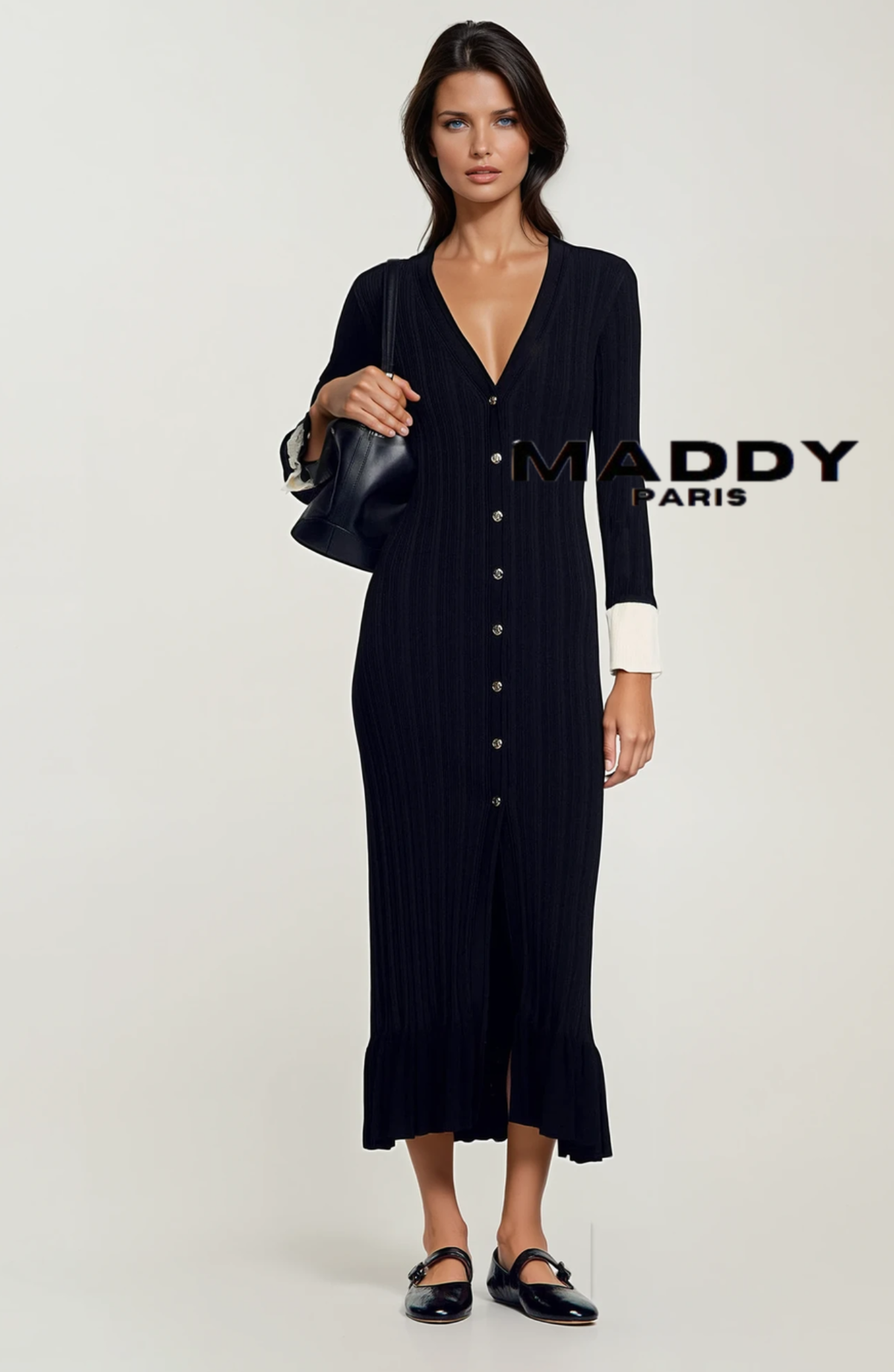 MADDY LION CREPE LONG SLEEVE MIDI DRESS TWO-TONE JERSEY - BLACK