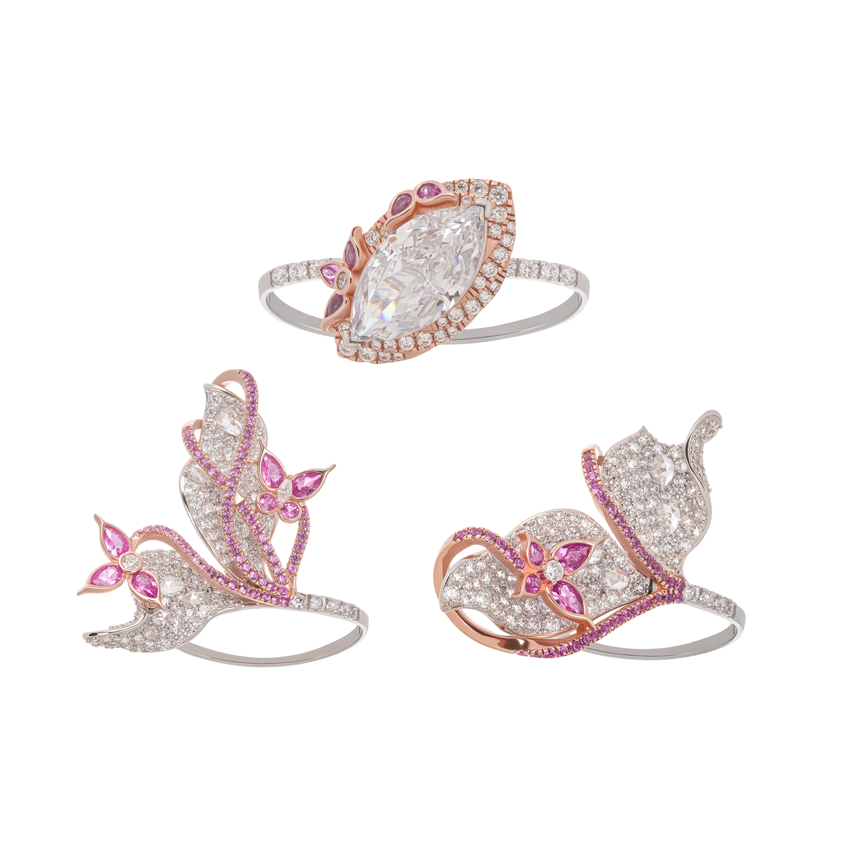 Scintillement Pink Crystal Embellished Sterling Silver Ring Set (3 Pieces)
