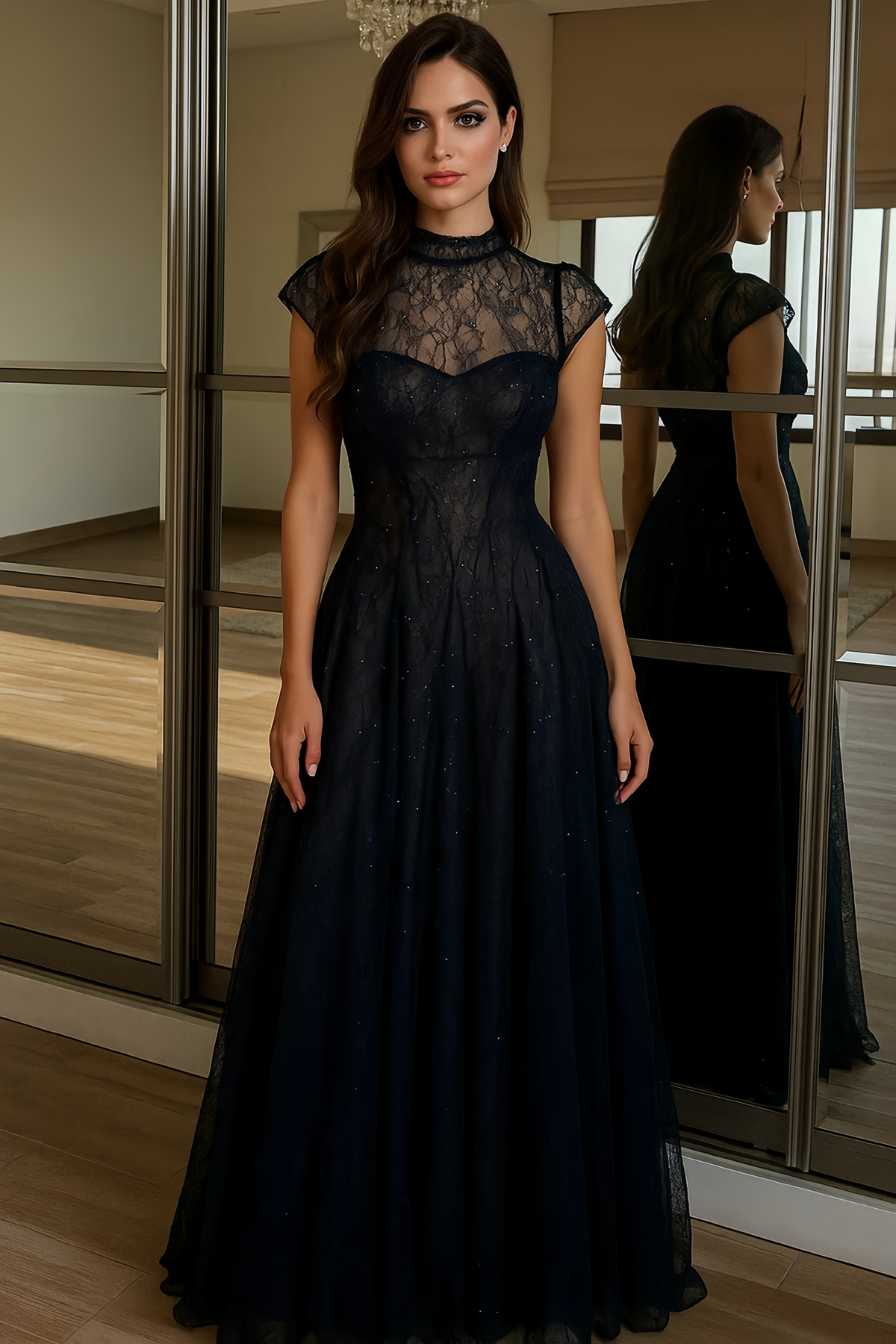 Velia Black Lace Glitter Tulle Maxi Gown