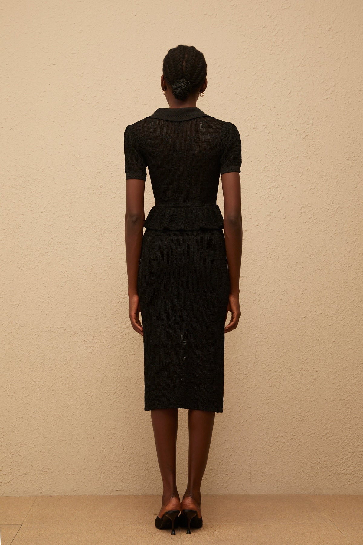 Theodora Black Crochet Knit Midi Dress