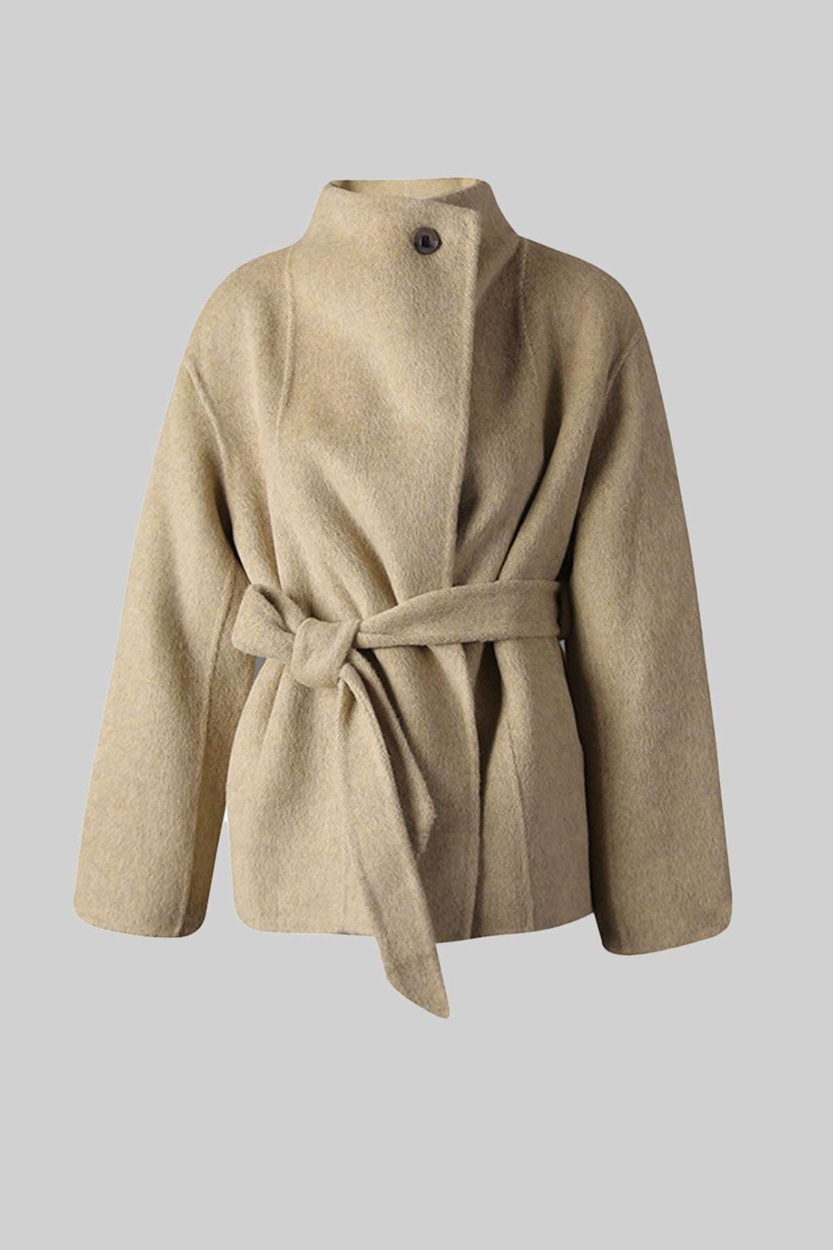 Belted Mini Coat With High Neckline - Beige