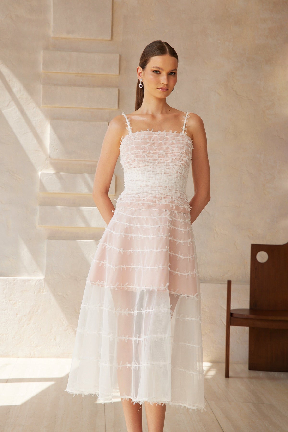 Eléonore White Creased Tulle Midi Dress (Final Sale-US Only)