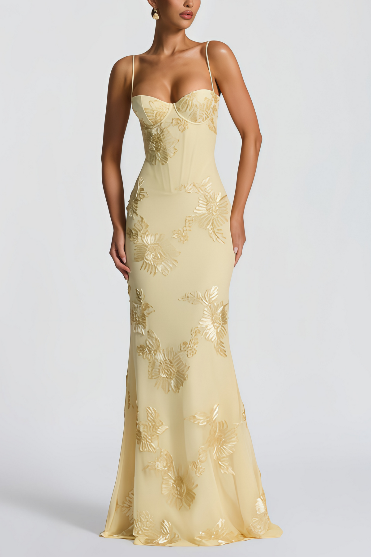 Théoline Yellow Floral Jacquard Corset Maxi Dress