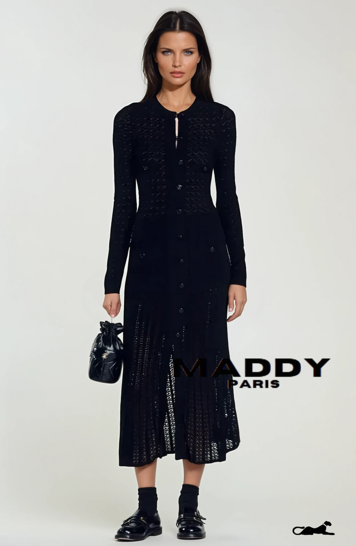 SANDRO ALESSIA CROCHET KNIT MIDI /  MAXI DRESS - BLACK