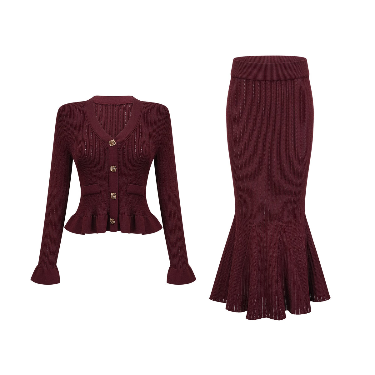 Corrine red ruffled knit top & maxi skirt matching set - Red