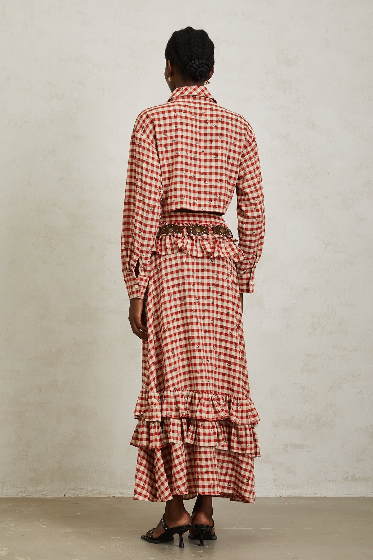 Céline Red Rose Print Plaid Shirt & Skirt Set - red