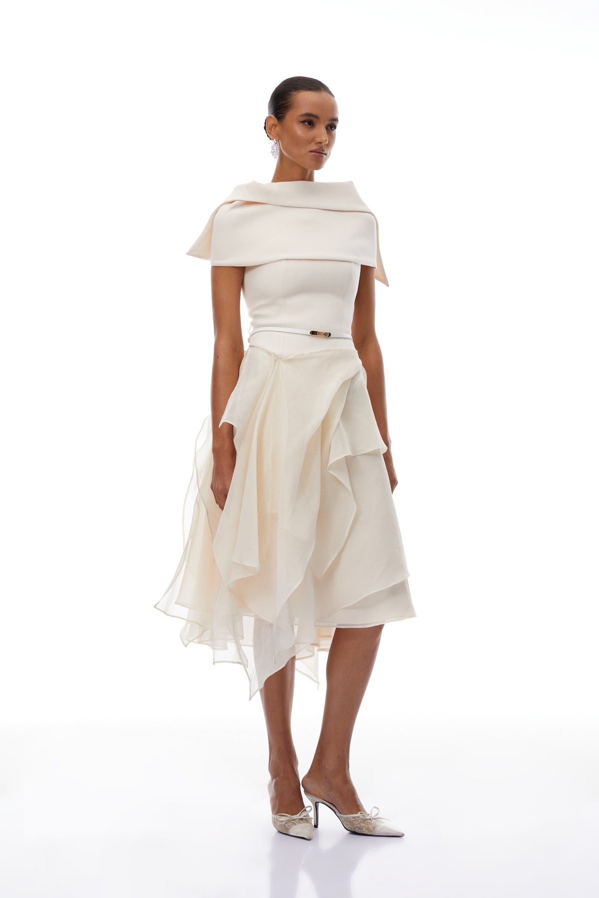 Aria White Asymmetrical Shawl & Tulle Panel Dress Set