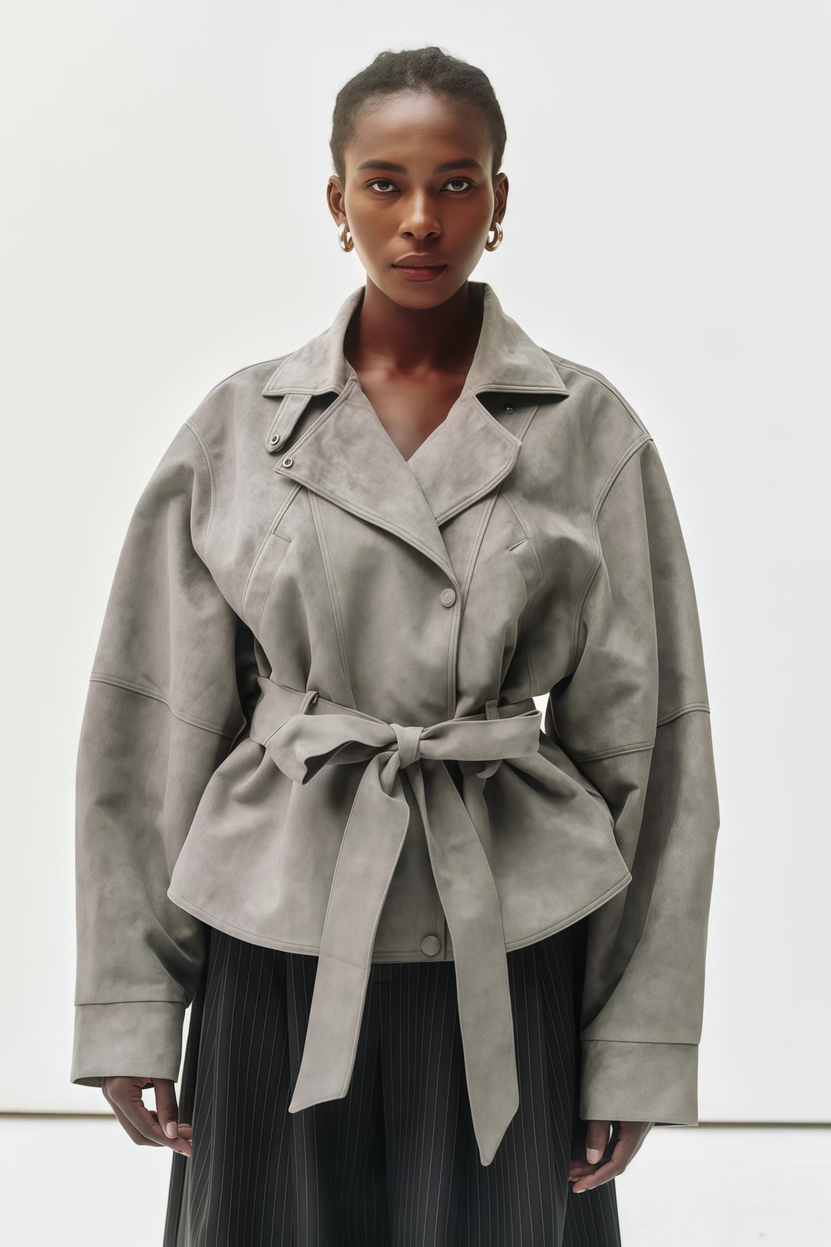 Aveline Grey Belted Suede Biker Jacket