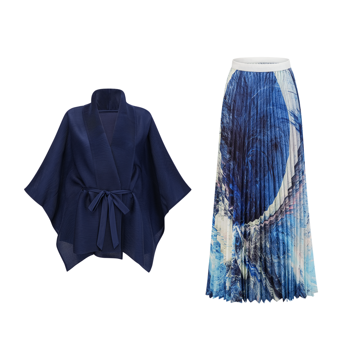 Debbie blue pattern-print creased cape & skirt matching set